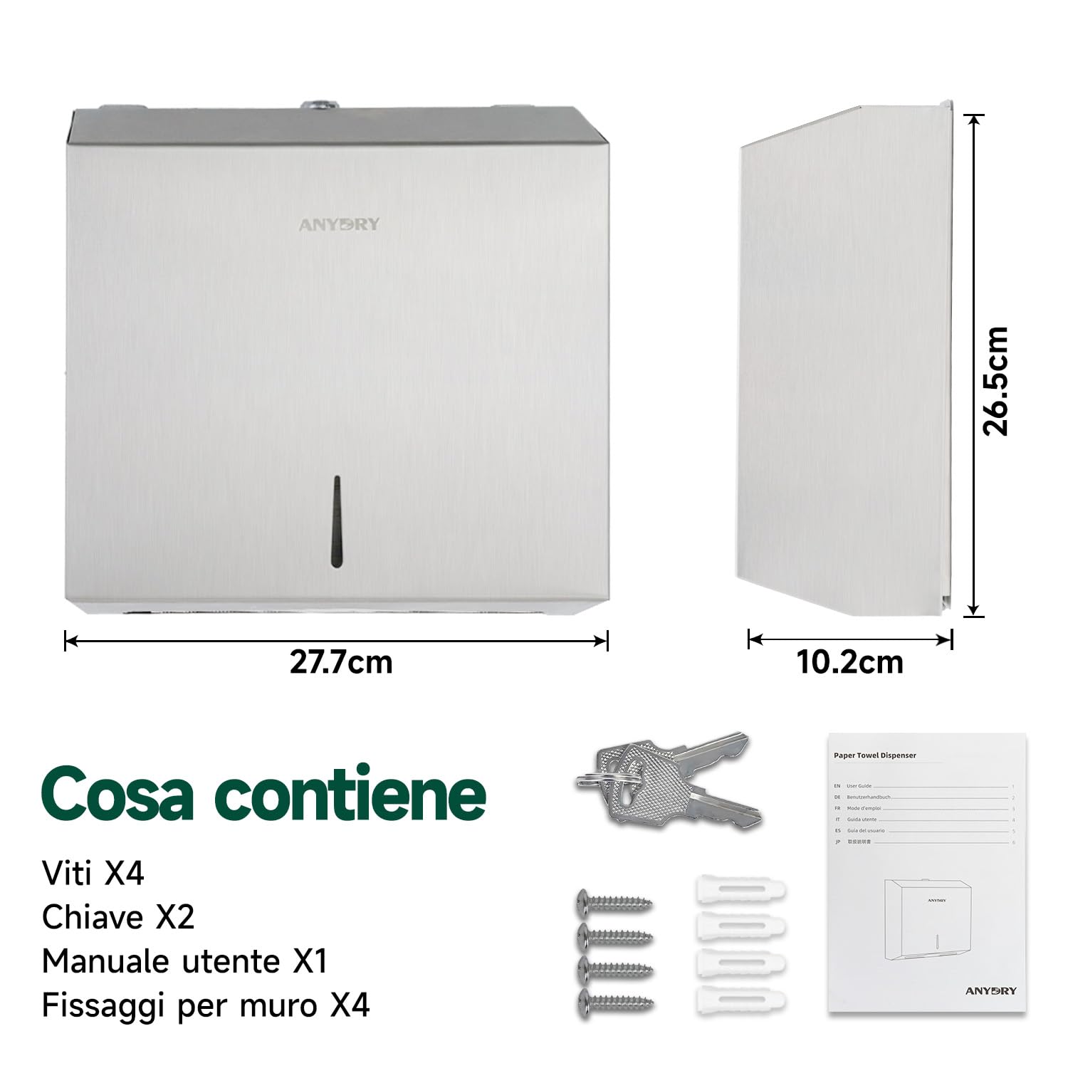 anydry Dispensatore di salviette di carta a montaggio murario – Capacità 250 fogli, acciaio inox satinato, bloccabile, multifold/Z-fold (dimensione piegata ≤ 27 cm x 10 cm)（Geschliffen）