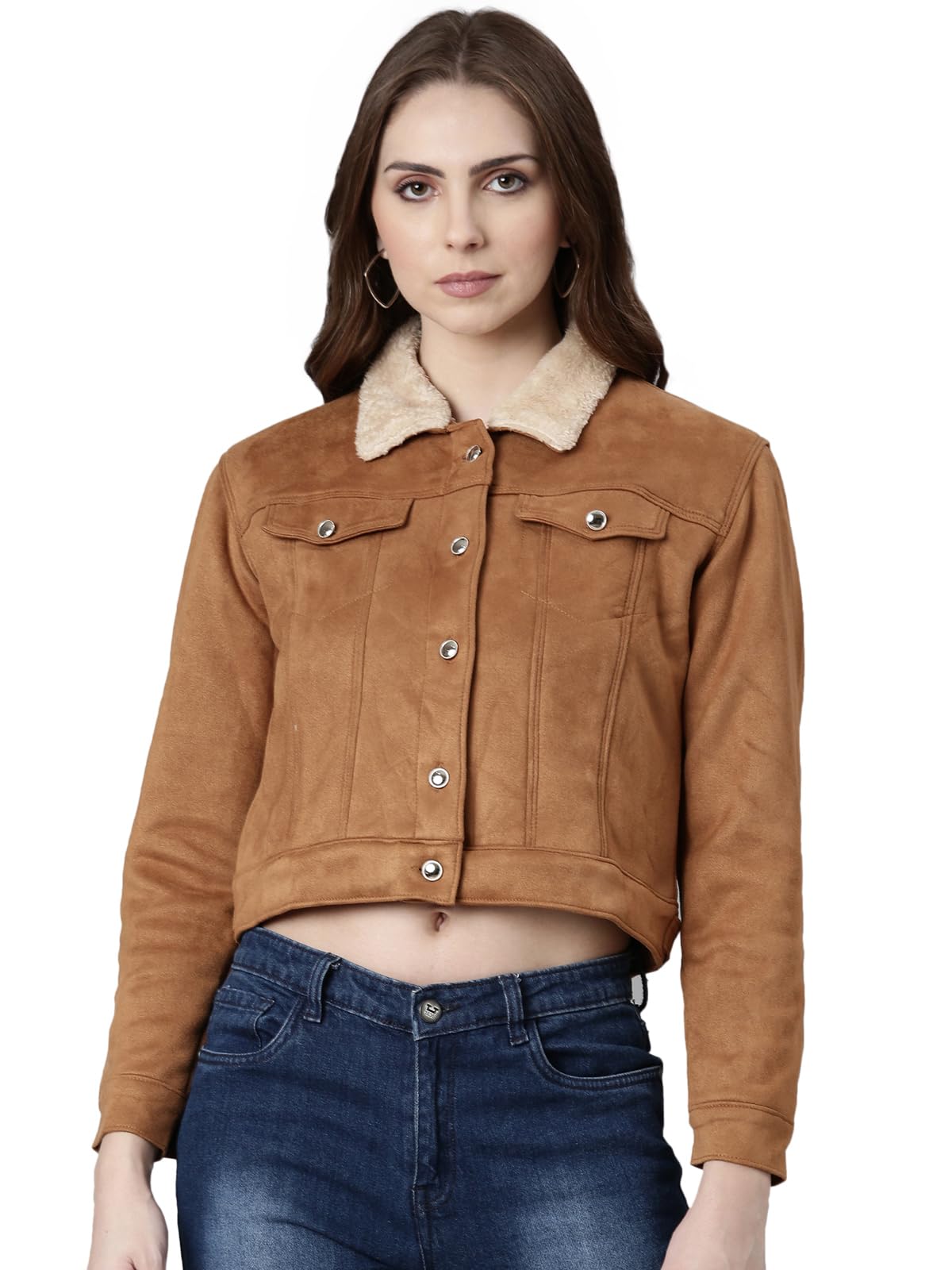 showoffff Women Solid Tailored Jacket | Spread Collar Full Sleeves Suede Jacket for Womens | Regular Fit Crop Jacket for Women's-picture-53