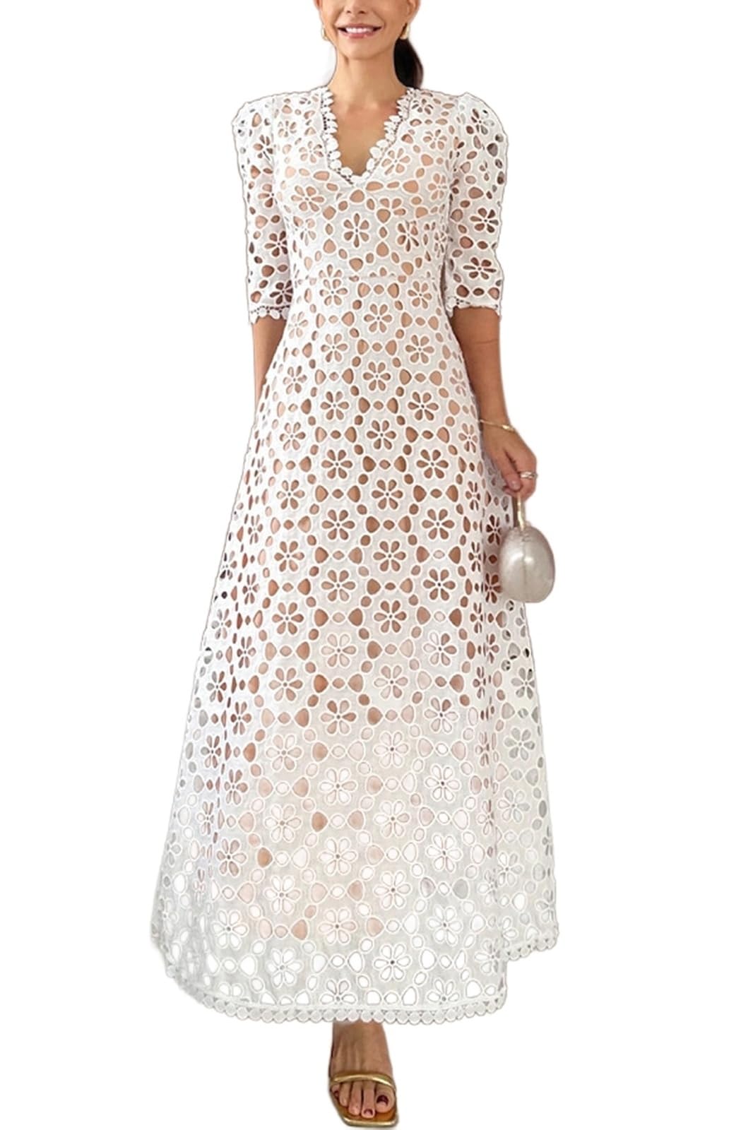 Generico Abiti Lunghi Eleganti in Pizzo da Donna, Abito Lungo Floreale Traforato con Scollo a V e Maniche a Sbuffo