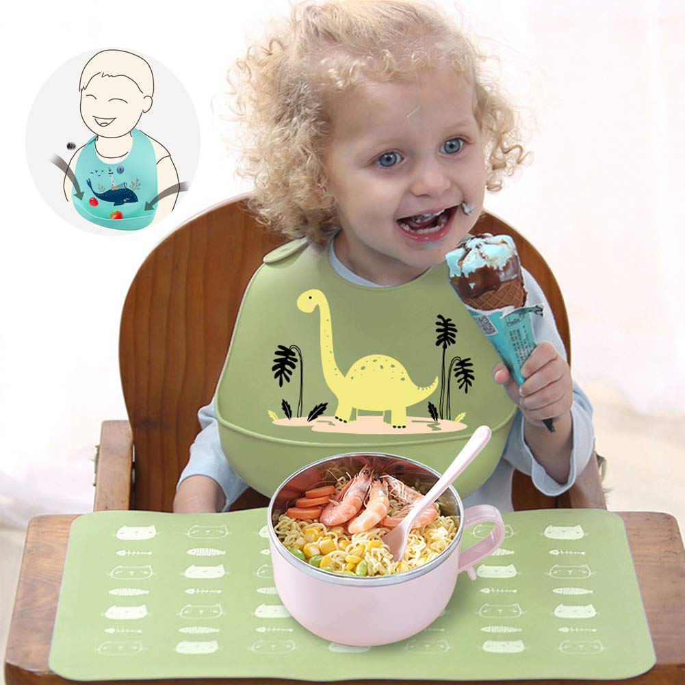 atopo Lot de 3 Bavoir en Silicone Bavoir d'alimentation étanche avec Ramasse-miettes Facilement Lavable Super Doux Réutilisable Bavoir pour Tout Petits Mangeant Vert
