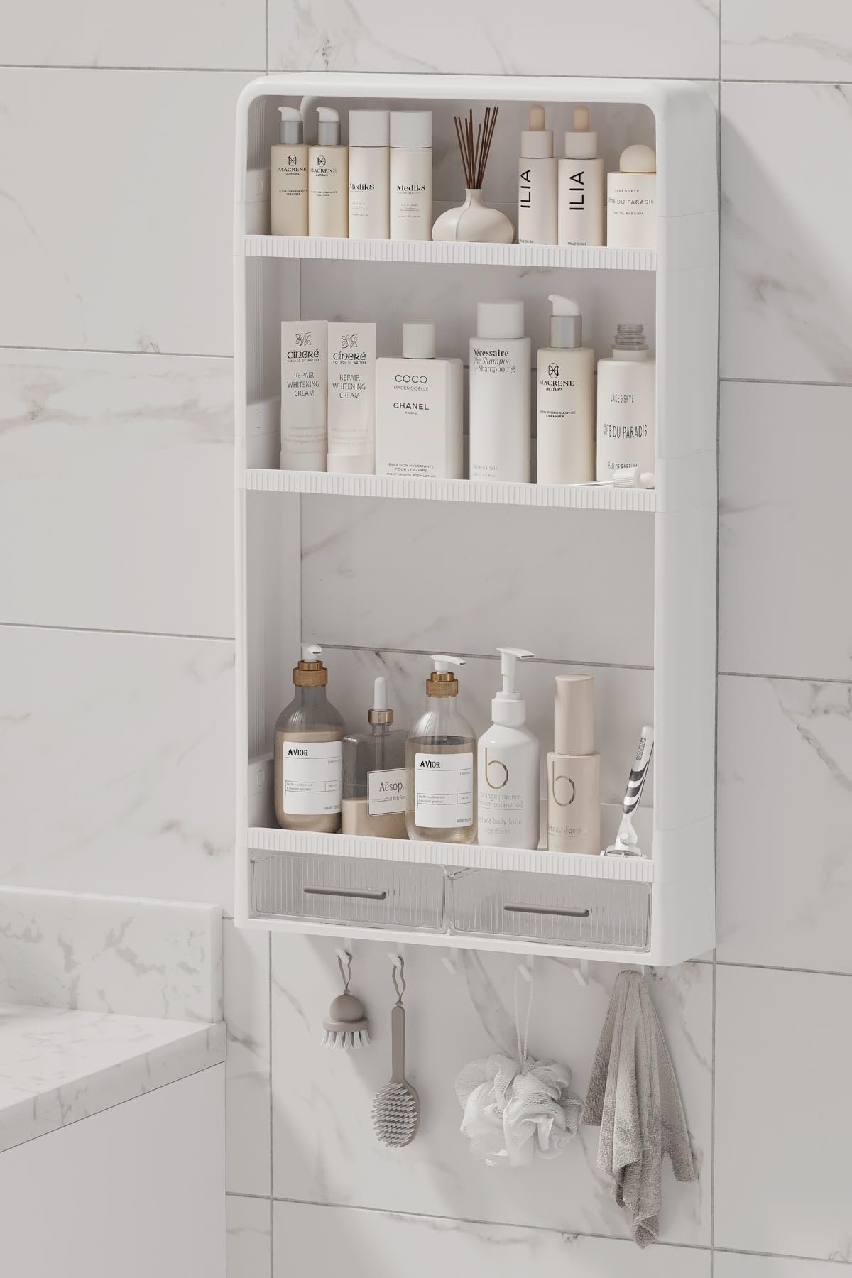 Modüler 3 Katlı Banyo Düzenleyici Raf; Yapışkanlı Duvar Rafı, Delmeden Montaj Mutfak Organizeri, 2 Çekmeceli & Kancalı Havluluk, Şampuanlık Duş Rafı, Çok Amaçlı Beyaz Banyo Dolabı Düzenleme (BEYAZ)