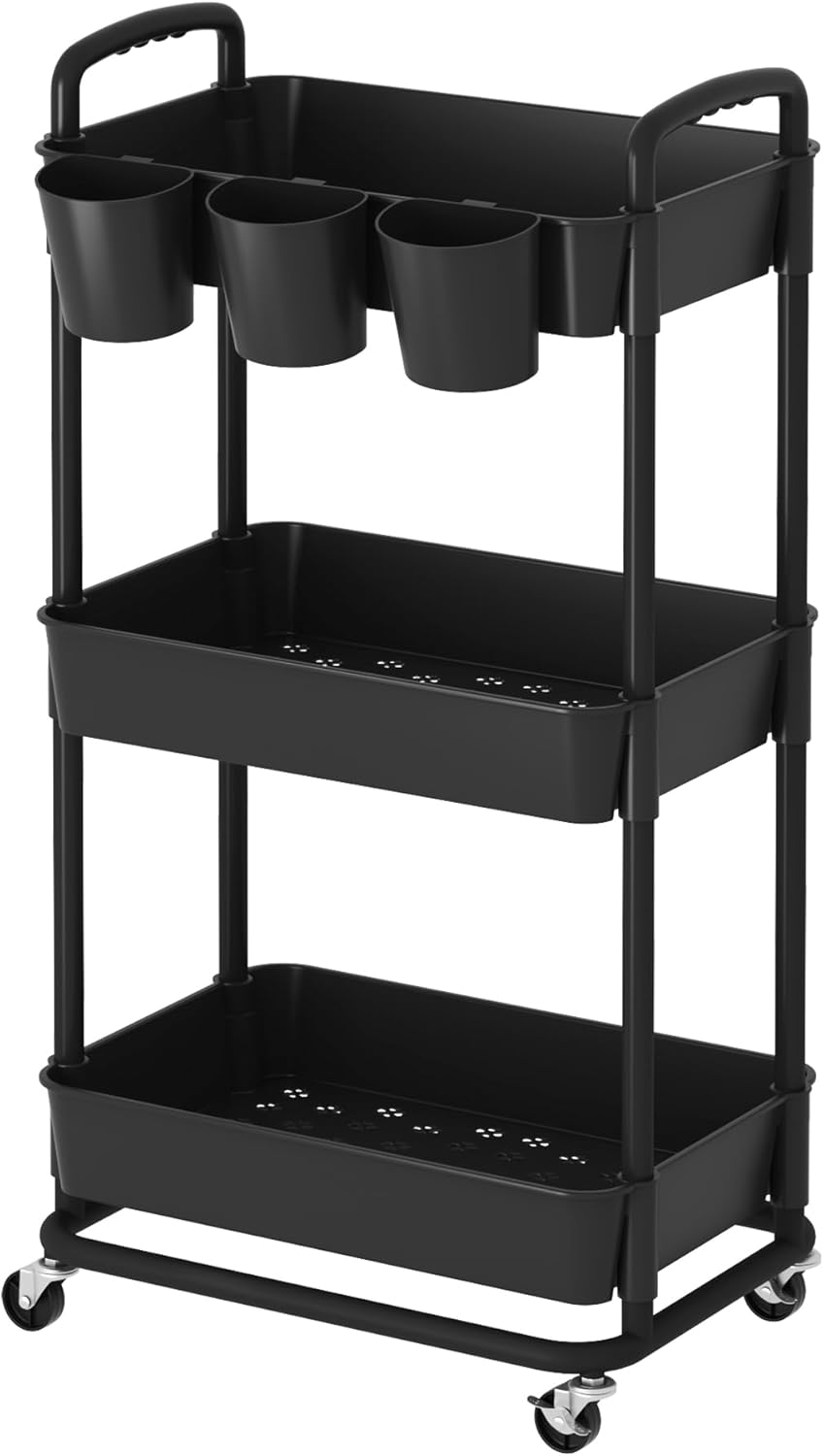 3-Tier Baby Diaper Caddy Organizer Cart with Locking Wheels & Hanging Cups - Rolling Storage Cart for Nursery, Changing Table, Baby Essentials,Black