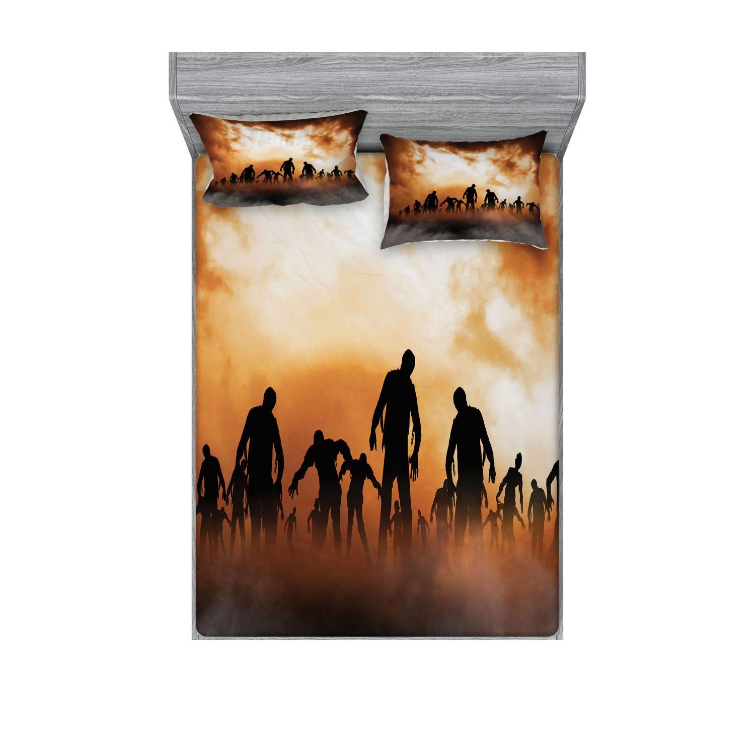 Ambesonne Halloween Fitted Sheet & Pillow Sham Set, Zombies Dead Men Walking Body in The Doom Mist at Night Sky Haunted, Decorative Printed 3 Piece Bedding Decor Set, King, Orange and Black