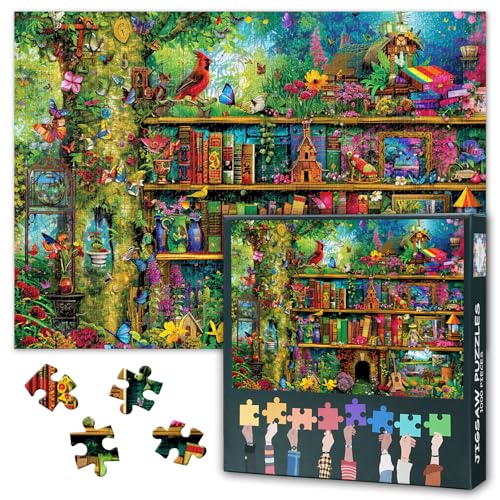 Bookshelves Jigsaw Puzzle for Adults, Colored Garden 1000 Pieces Puzzle, Books with Birds Puzzles, Fantasy World Puzzles, Includes Reference Poster, Fun to Assemble Wall Art Decor Gift(50.5x70.5cm)