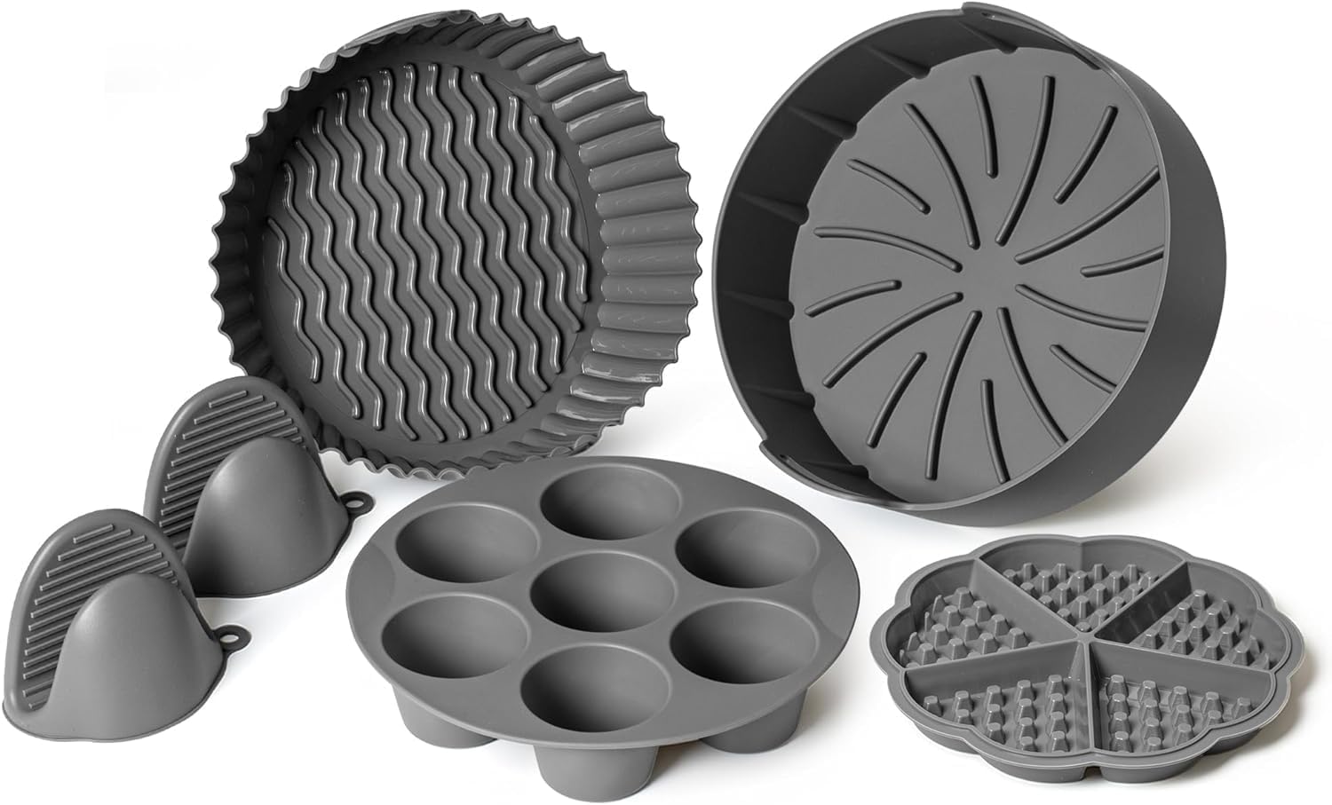 EM Silicone Air Fryer Liners Set of 5 – Reusable Air Fryer Liners Silicone with Egg Bite Mold, Oven Mitts – Fits 3–5 Qt Non-Stick, Food-Grade, Heat-Resistant EM Silicone Air Fryer Liners Set of 5 – Reusable Air Fryer Liners Silicone with Egg Bite Mold, Oven Mitts – Fits 3–5 Qt Non-Stick, Food-Grade, Heat-Resistant