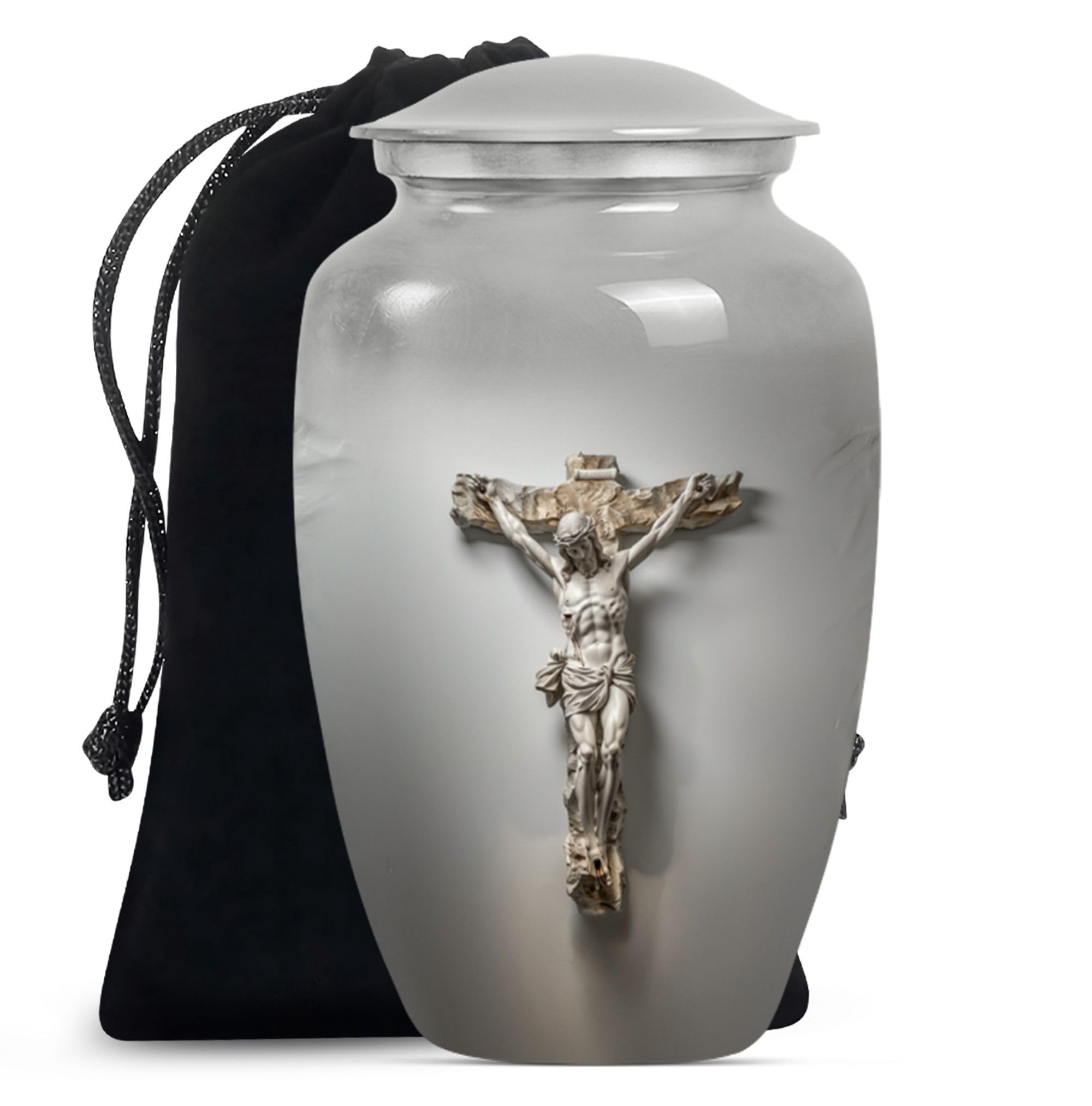 YATHABHISA Jesus Cross Urn, Decorative Urns - Memorial Urns For Mom & Dad - 10 Inch - Large With Velvet Bag - Metal Urns For Human Remains - Cremation Urns - Handcrafted Urns - Modern Urns