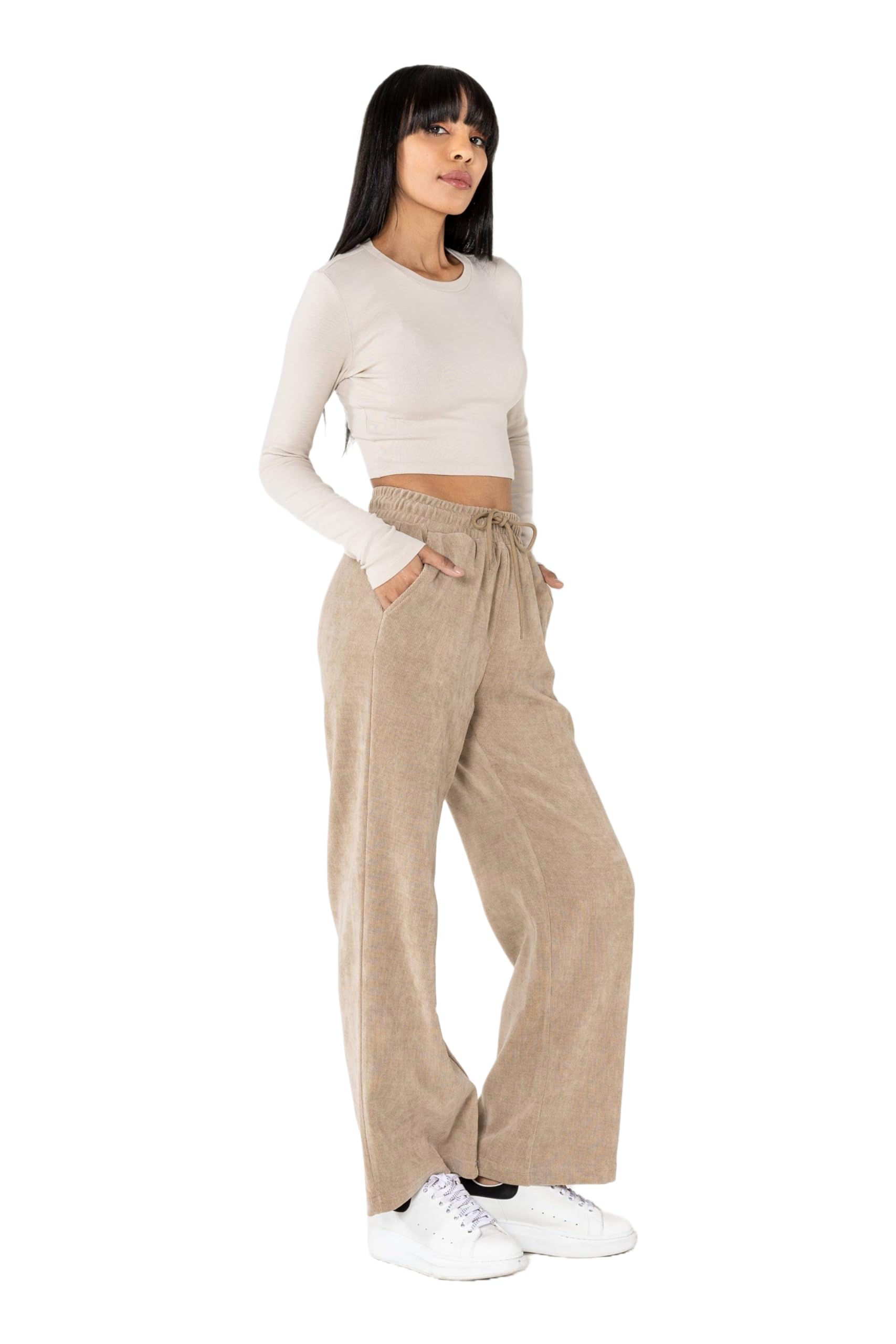 Nina Carter J253 Pantaloni da donna per il tempo libero – Pantaloni da jogging in velluto Relaxed Fit con vita elastica e gamba larga