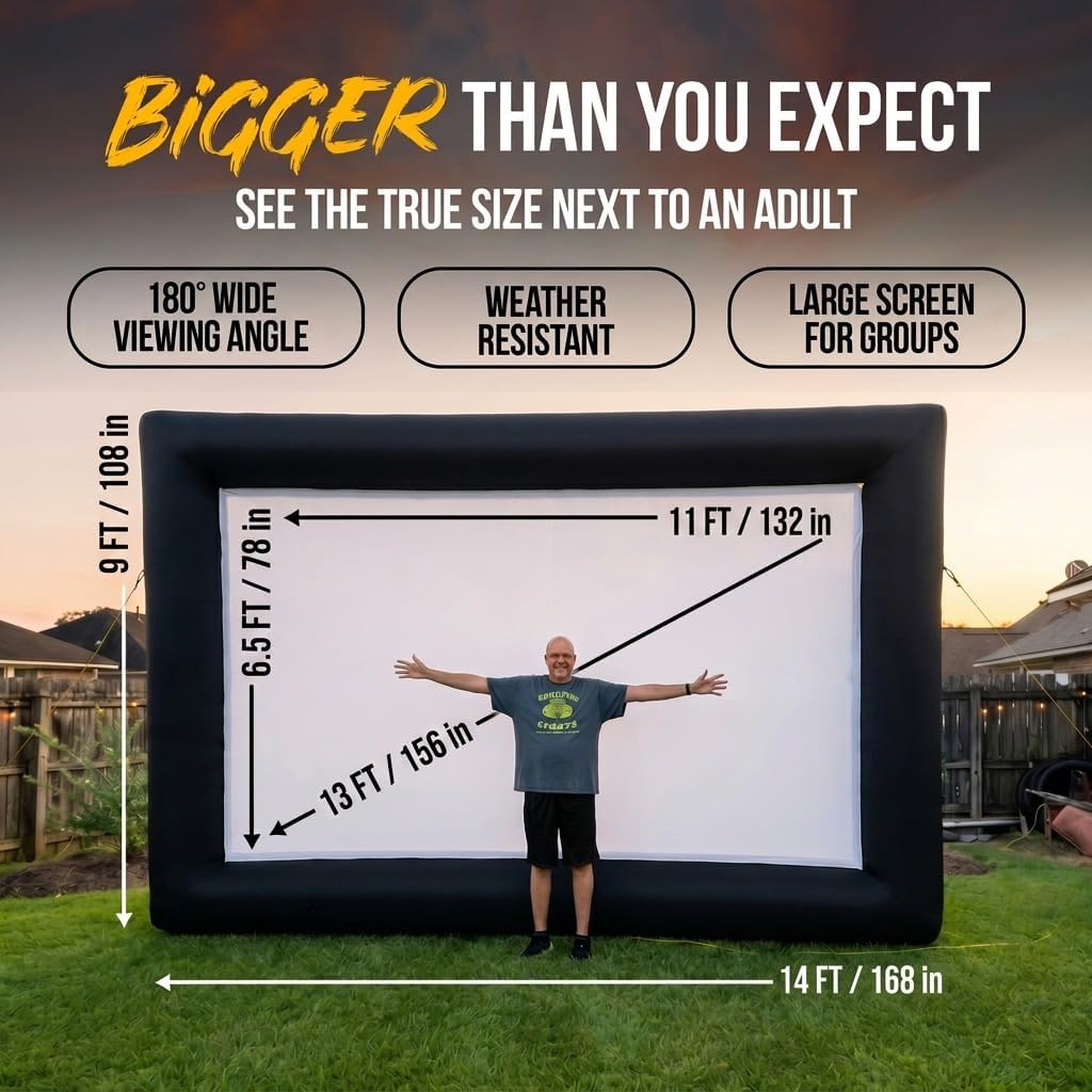 KHOMO Gear 16 ft Outdoor Projector Screen with Built-in Blower - Supports Front and Rear Projection - Includes Tie-Downs and Storage Bag - Inflatable Projector