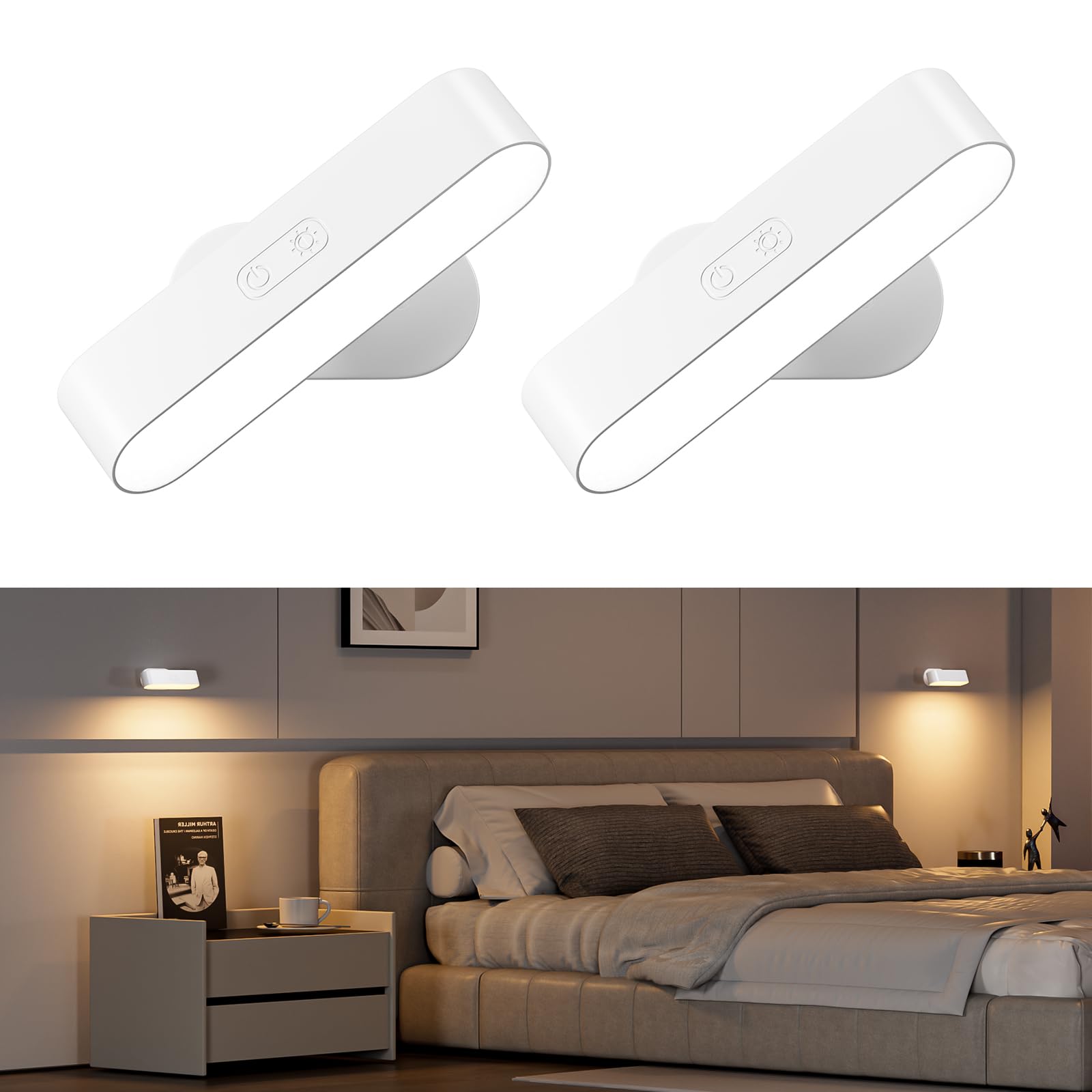Hensam Battery Operated Wall Lights, Wireless LED Wall Sconce Set of Two, Rechargeable Wall Sconces for Living Room, 5 Colors Dimmable Wall Lamps for Bedroom, White 2 Pack