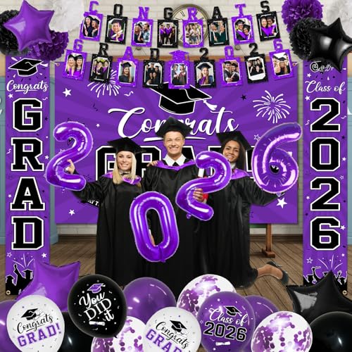 Image of 2026 Graduation Decorations, Purple Themed Class of 2026 Decorations Set, Congrats Grad Backdrop, Photo Banner, Door Banner, Balloons and Pom Poms Supplies for High School College Graduation Party