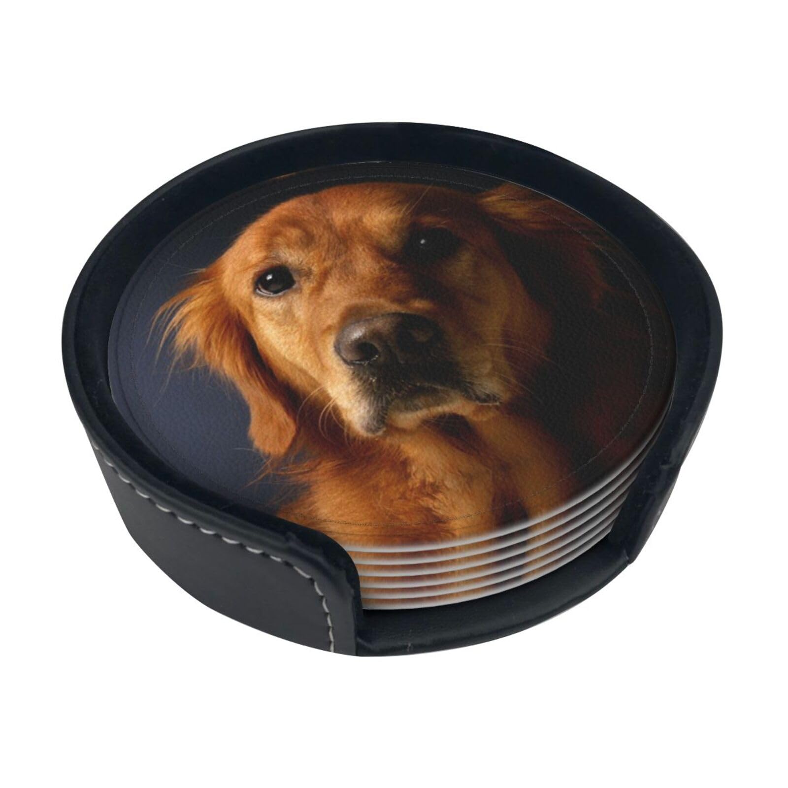 Golden Retriever Round Leather Coasters 4 Inch Coaster Set (6 Pcs), Delicate And Comfortable, With Storage Box, Home Essentials
