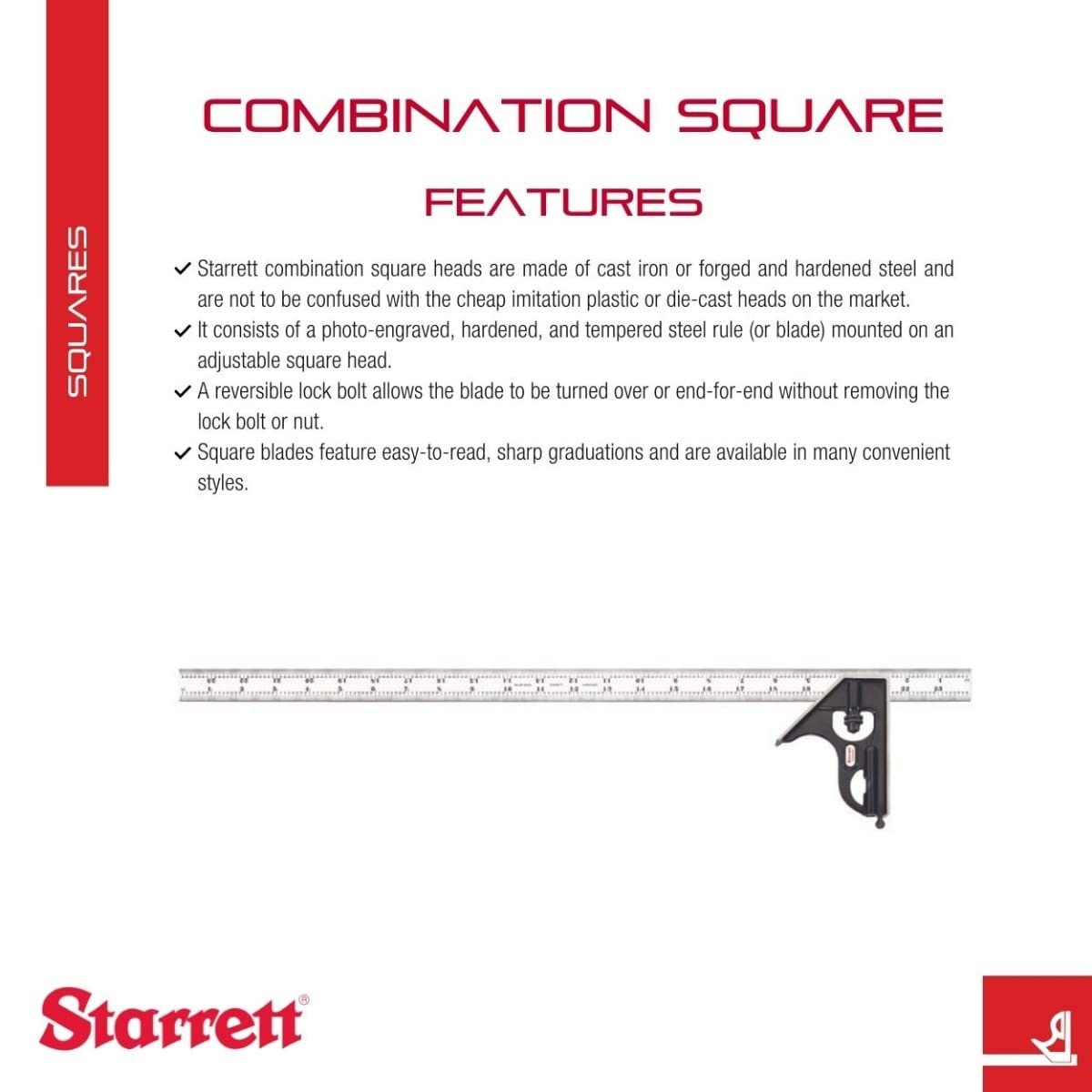 Starrett c33h-24 – 4R escuadra de acero forjado, endurecido cabeza cuadrada con hoja de cromo satinado, suave acabado de esmalte negro, 4R graduación, tamaño 24 "