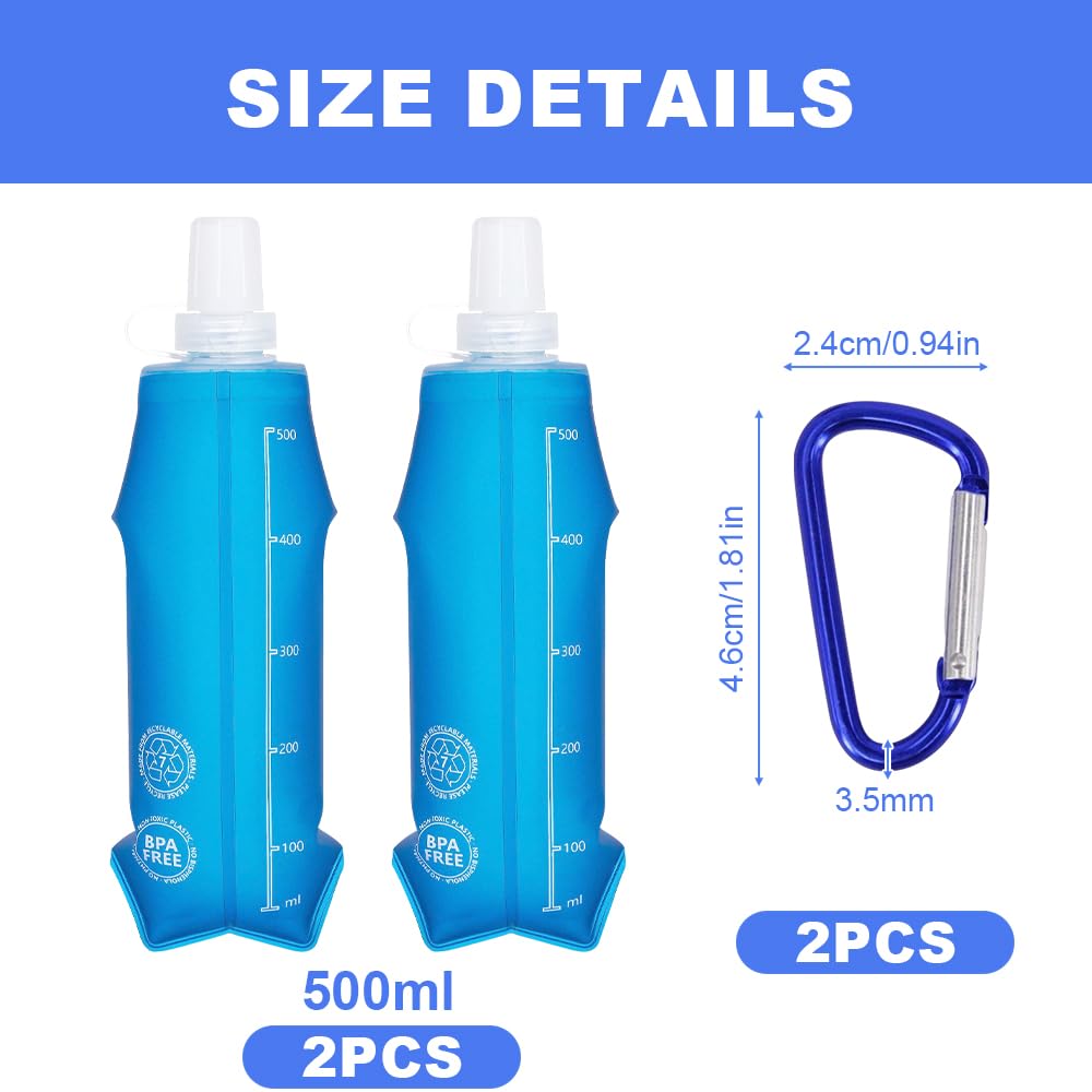 Mineup 2PCS Soft Flask, 500 ML Składana butelka, BPA Darmowe Nawilżanie Butelka, Sportowa Torba Na Wodę, Wielokrotnego Użytku Na Piesze Wycieczki, Bieganie, Backpacking, Maraton