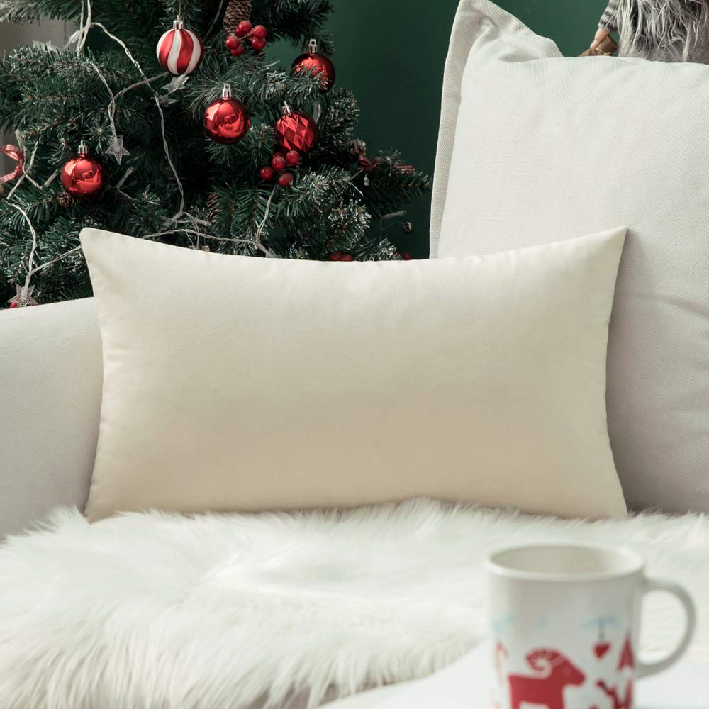 MIULEE Velvet Soft Decorative Square Throw Pillow Case Cushion Covers Luxury Pillowcases for Livingroom Sofa Bedroom with Invisible Zipper 30cm x 50cm 12x20 Inch 1 Piece Cream White