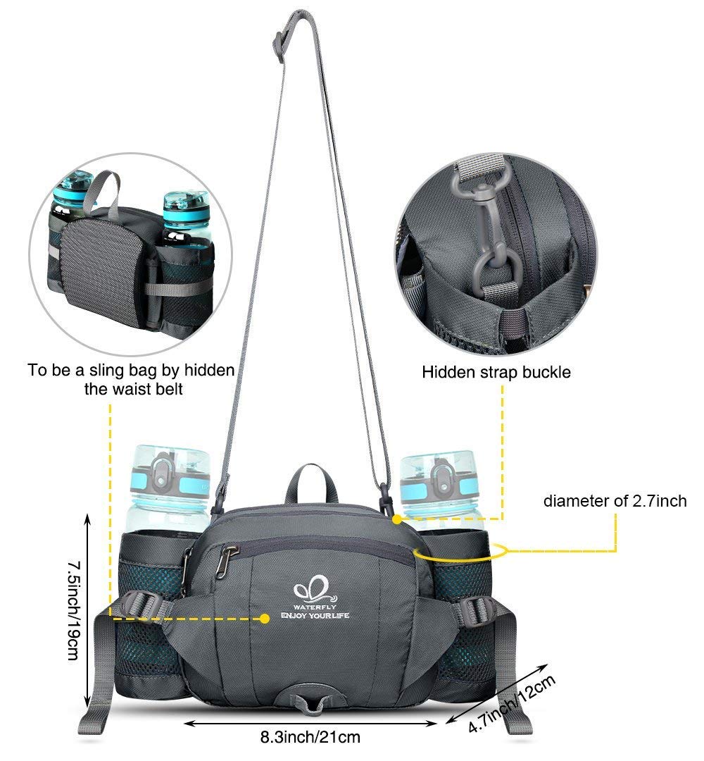 Waterfly Fanny Lot avec Support pour Bouteille d'eau randonnée Taille Packs Sac de Marche Ceinture de Course Sport Lombaire Lot Hip Pack Convient pour iPhone iPod téléphones Samsung, Gris