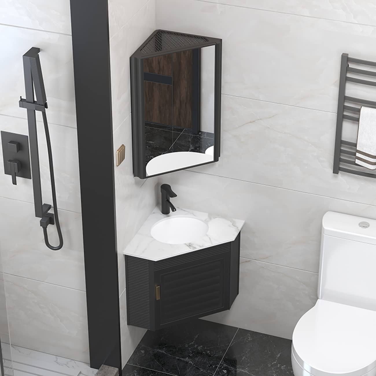 Armadietto angolare da bagno a specchio, triangolare, in alluminio, salvaspazio, da parete, armadietto per WC, soluzione di archiviazione compatta nera (dimensioni: 33 x 33 x 63 cm)