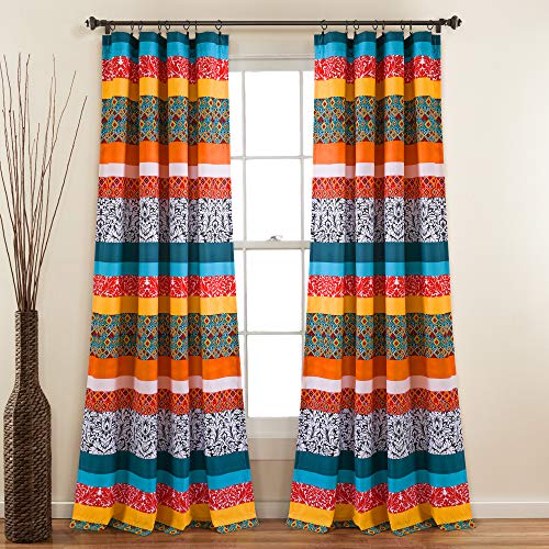 Lush Decor Boho Stripe Window Curtain Bohemian Geomatric Floral Design Panel Pair, 52' W x 84' L, Turquoise & Tangerine