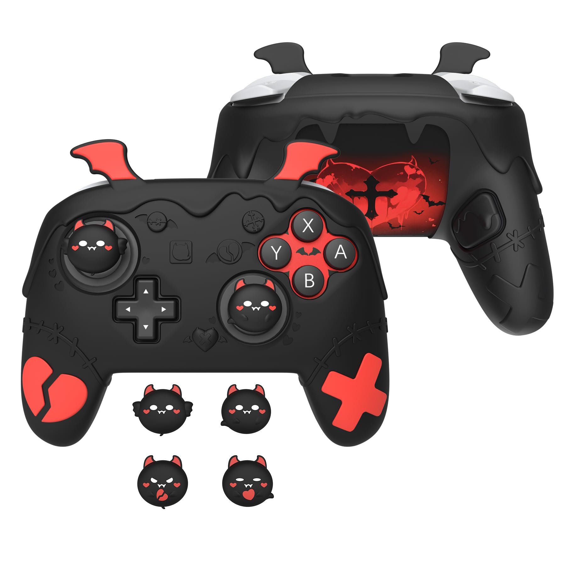 PlayVital Funda de Silicona para Nintendo Switch 2 Pro Mando - Carcasa Protectora con Tapas de Botón Trasero & Thumb Grips & Stickers, Antideslizante y Antigolpes - Diseño Gótico (Negro) - 2