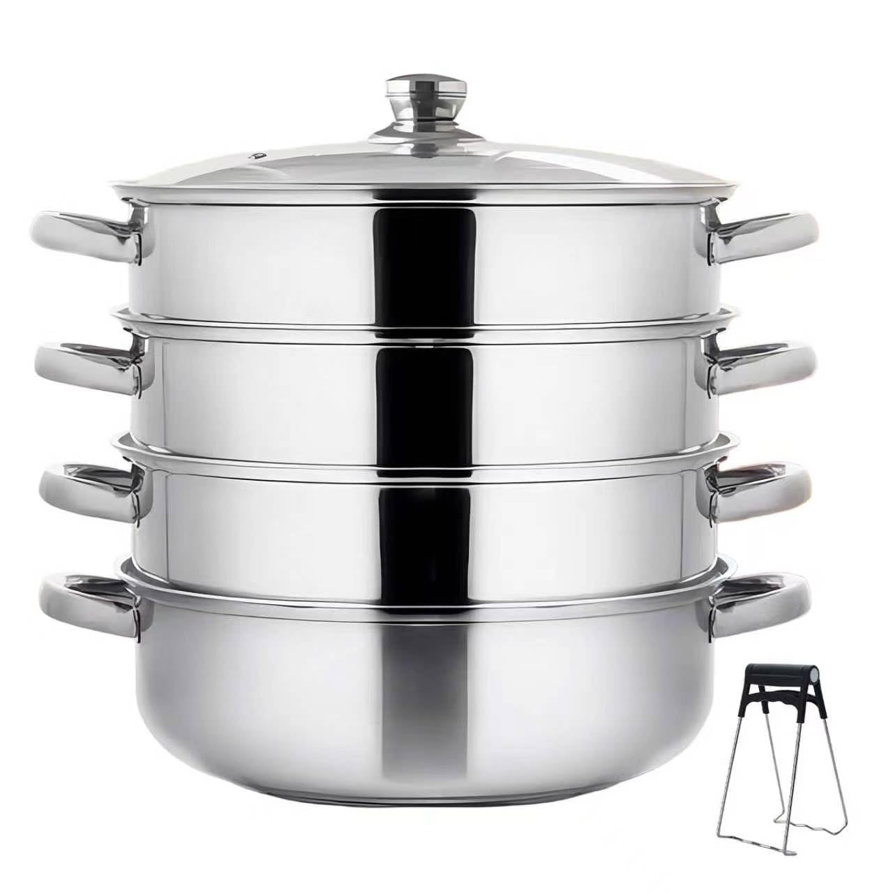Vaporera para cocinar al vapor, 28 cm, acero inoxidable, con 4 insertos de vapor, tapa de cristal y pinza de vapor, para todo tipo de fuegos, olla de vapor para cocinar verduras, mariscos, sopas
