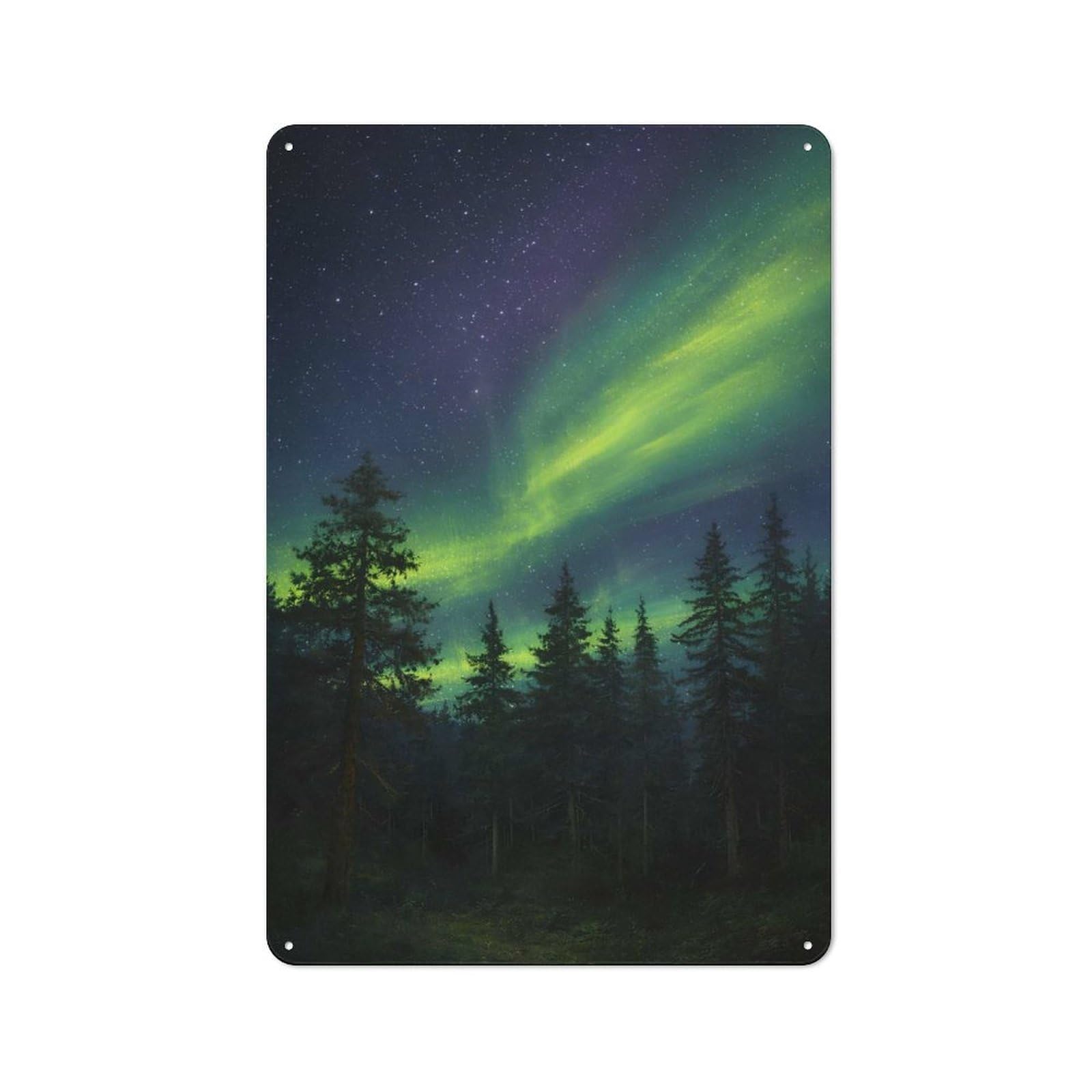 Junmoney Style-12 For Hobby Room Or Studio, Aurora Borealis Over A Forest Rustic Tin Wall Plaque 30X20cm, For Vintage Wall Decor Fans, For Metal Sign Collectors