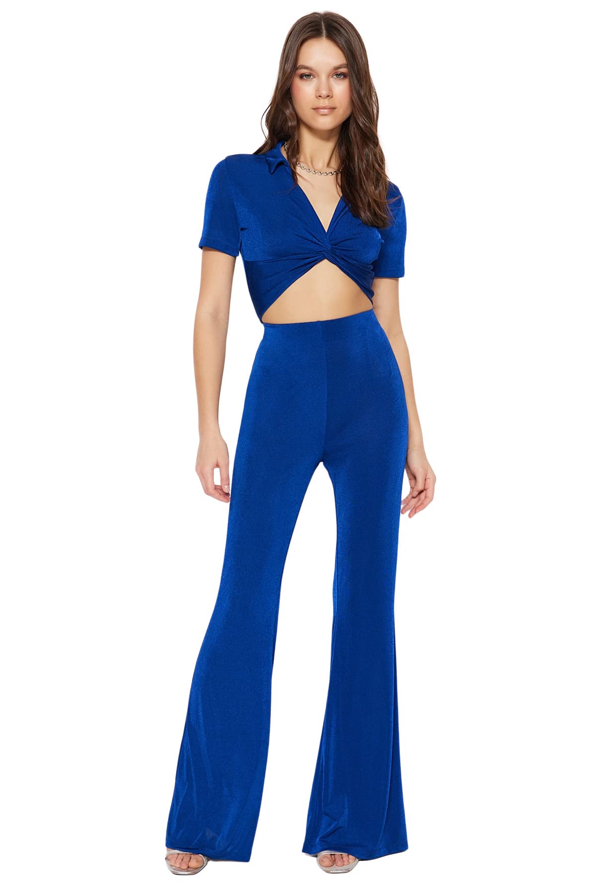 Trendyol Woman High Waist Wide Leg Regular fit Trousers,Navy Blue,S