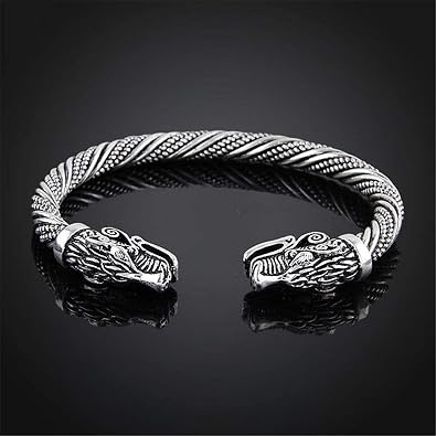 U-M Mens Stainless Steel Opposite Dragon-Themed Twisted Wire Viking Cuff Bangle Bracelet Dragon Head Bracelet Braided Bangle,Silver Nice Design