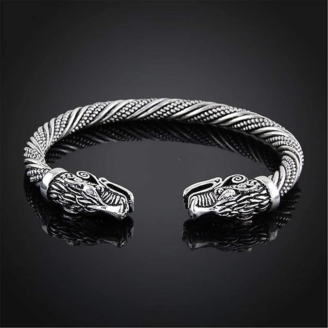 U-M Mens Stainless Steel Opposite Dragon-Themed Twisted Wire Viking Cuff Bangle Bracelet Dragon Head Bracelet Braided Bangle,Silver Nice Design