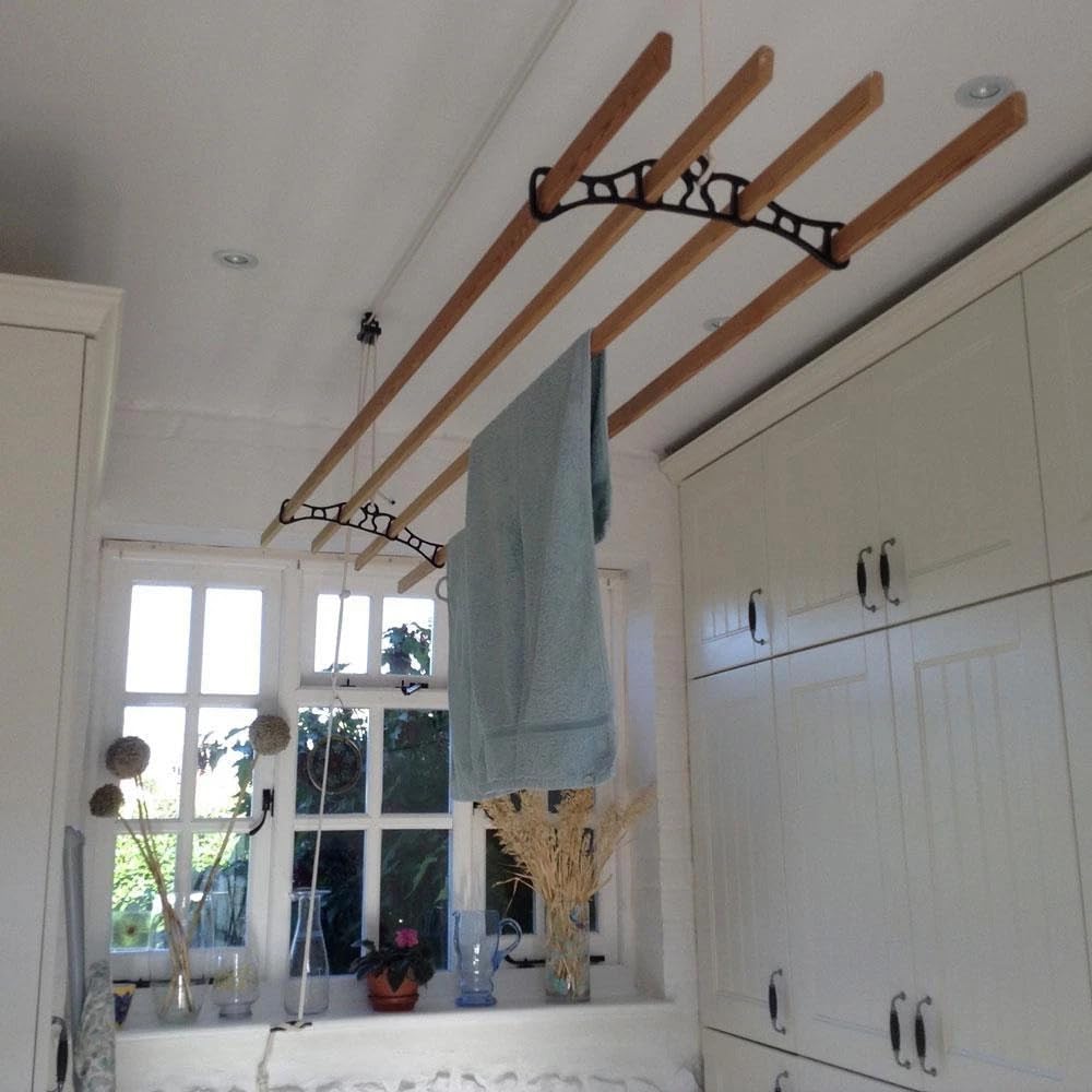 REMI TOOLS Traditional Kitchen Airer Pulley Dryer Kit with 4 Wood Laths Slats 2M Victorian Edwardian Clothes Horse Creel Airer Dryer Kitchen Rack Ceiling Pulley Laundry Drier (Black, 4 slats)