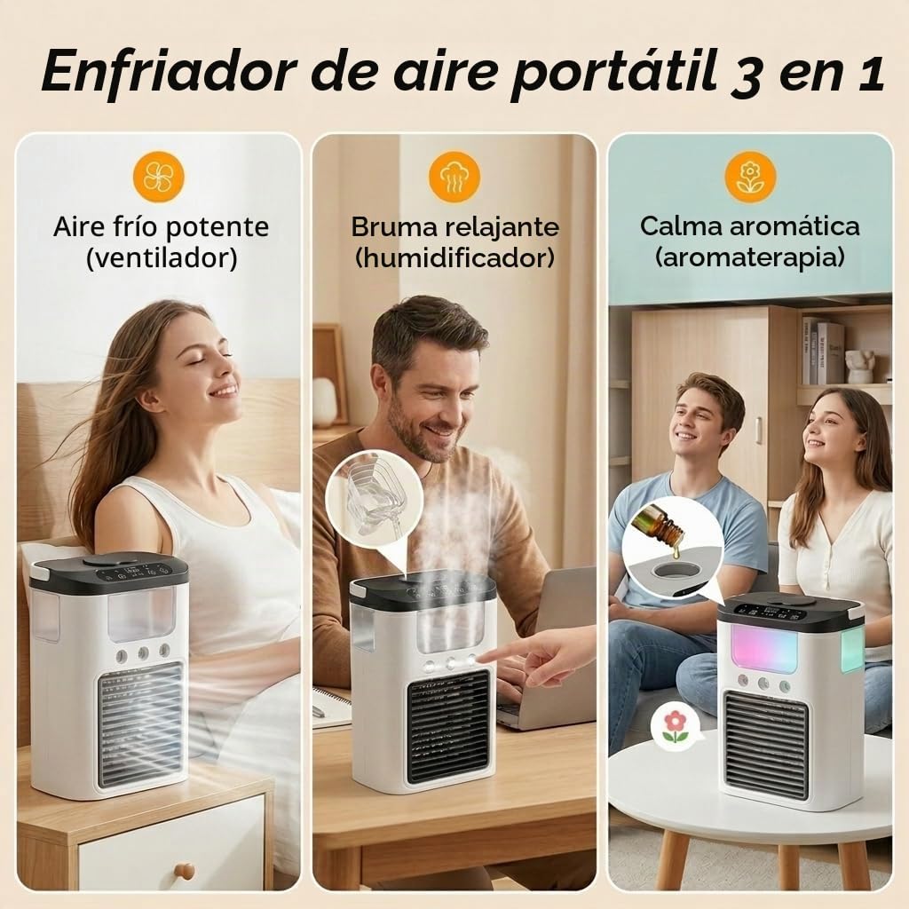 Ventilador de aire acondicionado portátil, alimentado por USB, mini aire acondicionado recargable de escritorio con 3 velocidades y 3 modos de nebulización, tanque de agua de 600 ml, luz RG