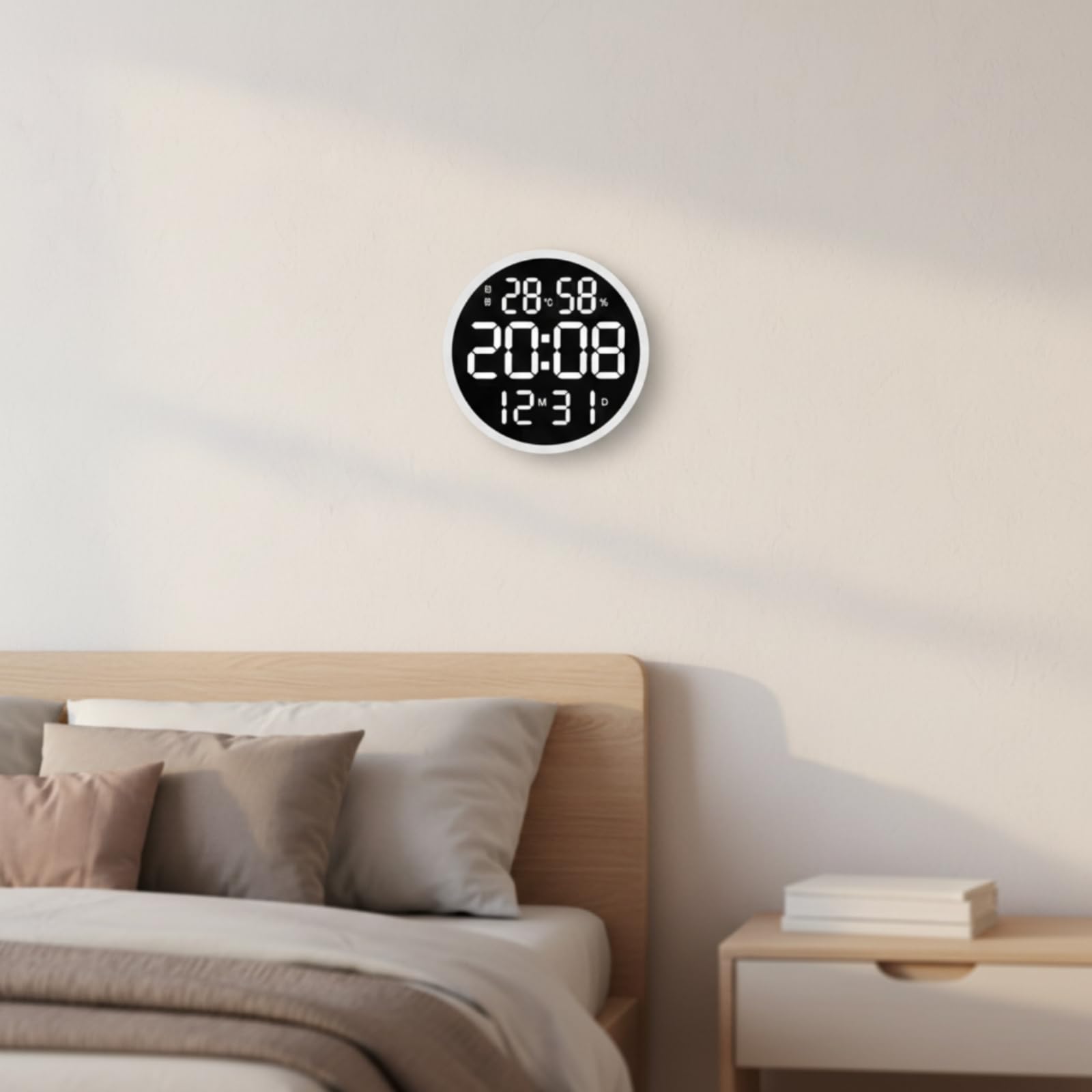 Orologio da Parete Elettronico Digitale Orologio Sveglia Termometro Igrometro con Display Ampio E Numeri Segmentati Cambio 12/24h Struttura Leggera in, Bianco, style to 2