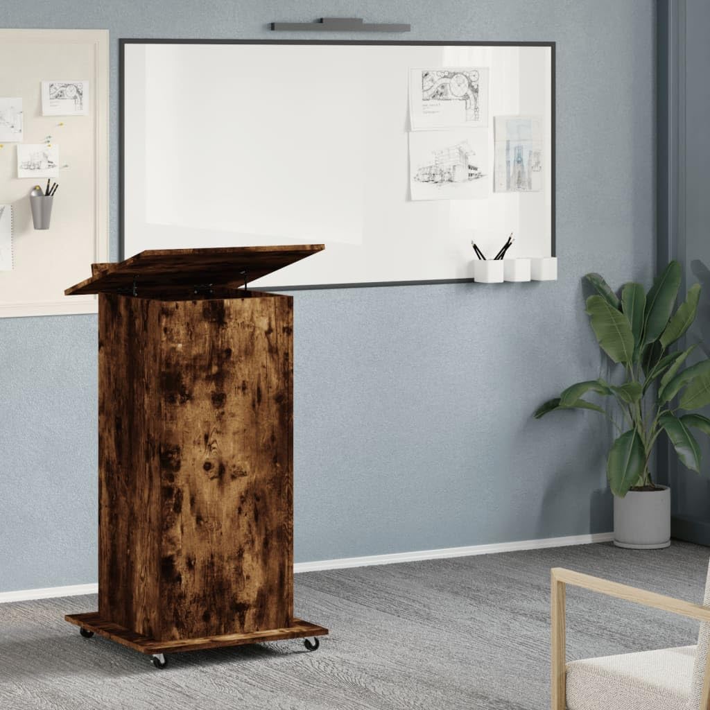 Scrivania in legno di rovere affumicato con ruote, piano superiore inclinabile, cassetto, 55 x 55 x 107 cm, segretario mobile per ufficio, casa, presentazione, spazio di archiviazione