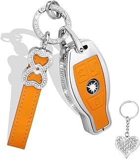 UHONSN for Bling Mercedes Benz Key Chain Leather Keys Fob Cover Protector Shell Case for Mercedes-Benz AMG C E M S CLS CLA GLK GLA GLC GLE AMG Class 3 Buttons Zinc Alloy (Light Orange)