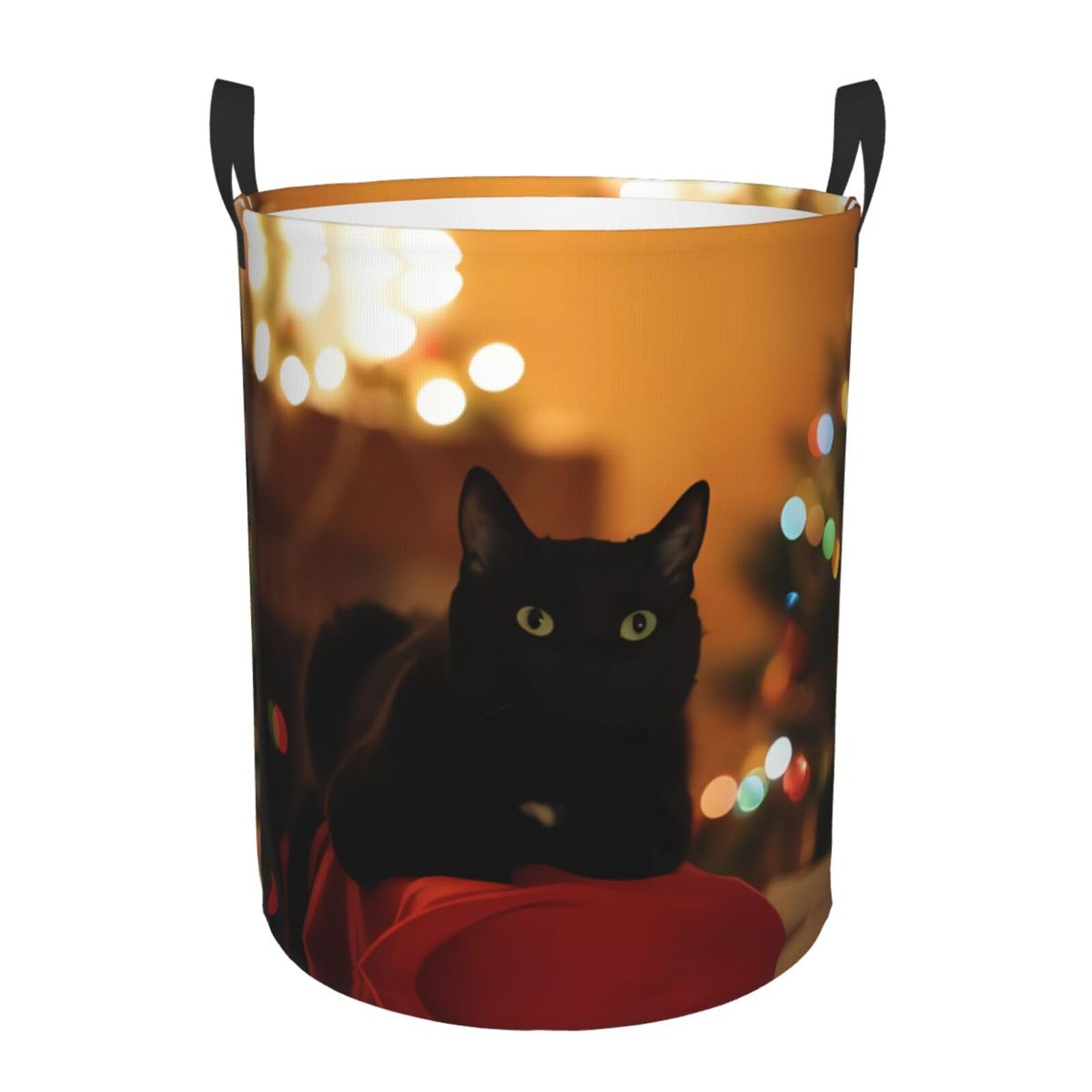 S Circular Hamper Christmas Black Cat Print for Dirty Clothes