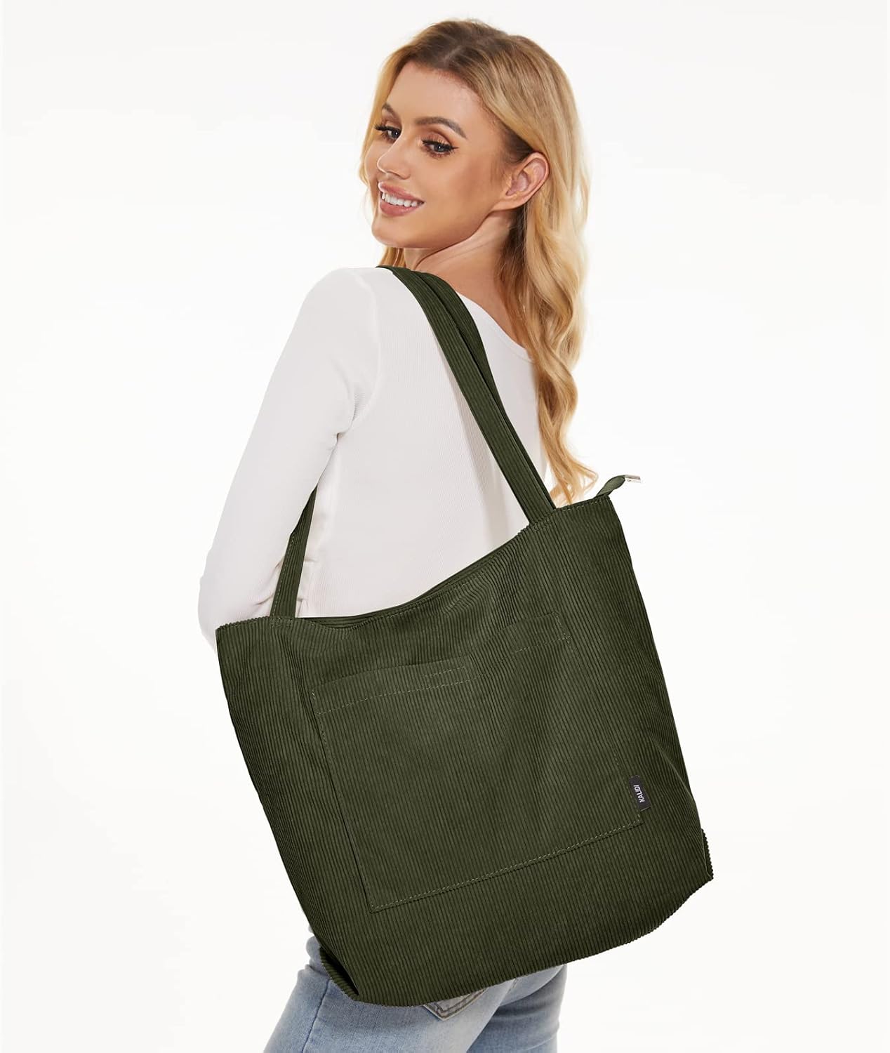 KALIDI Women Corduroy Tote Bag Large Shoulder Tote Bag with Zipper Pocket Casual Hobo Handbag Big Capacity Shopping Work Bag - Image 2