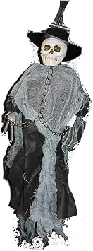 18" Reusable Hanging Horror Chained Ghoul Skeleton in Dark Robe w/ for Haunted Houses or Halloween Decor