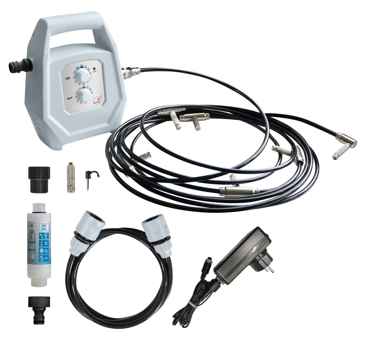 Jardibric – Kit de nebulización KPBRU20 – Brumizador – Bomba programable hasta 40 bares, 14,5 m, 7 boquillas antigoteo y filtro antical incluido – Refrescar eficazmente el aire