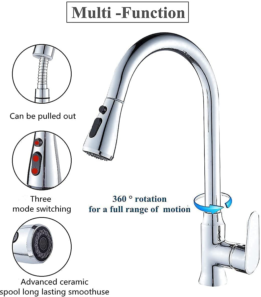 Sccot Kitchen Sink Faucet Solid Brass with Pull Down Sprayer, Chrome