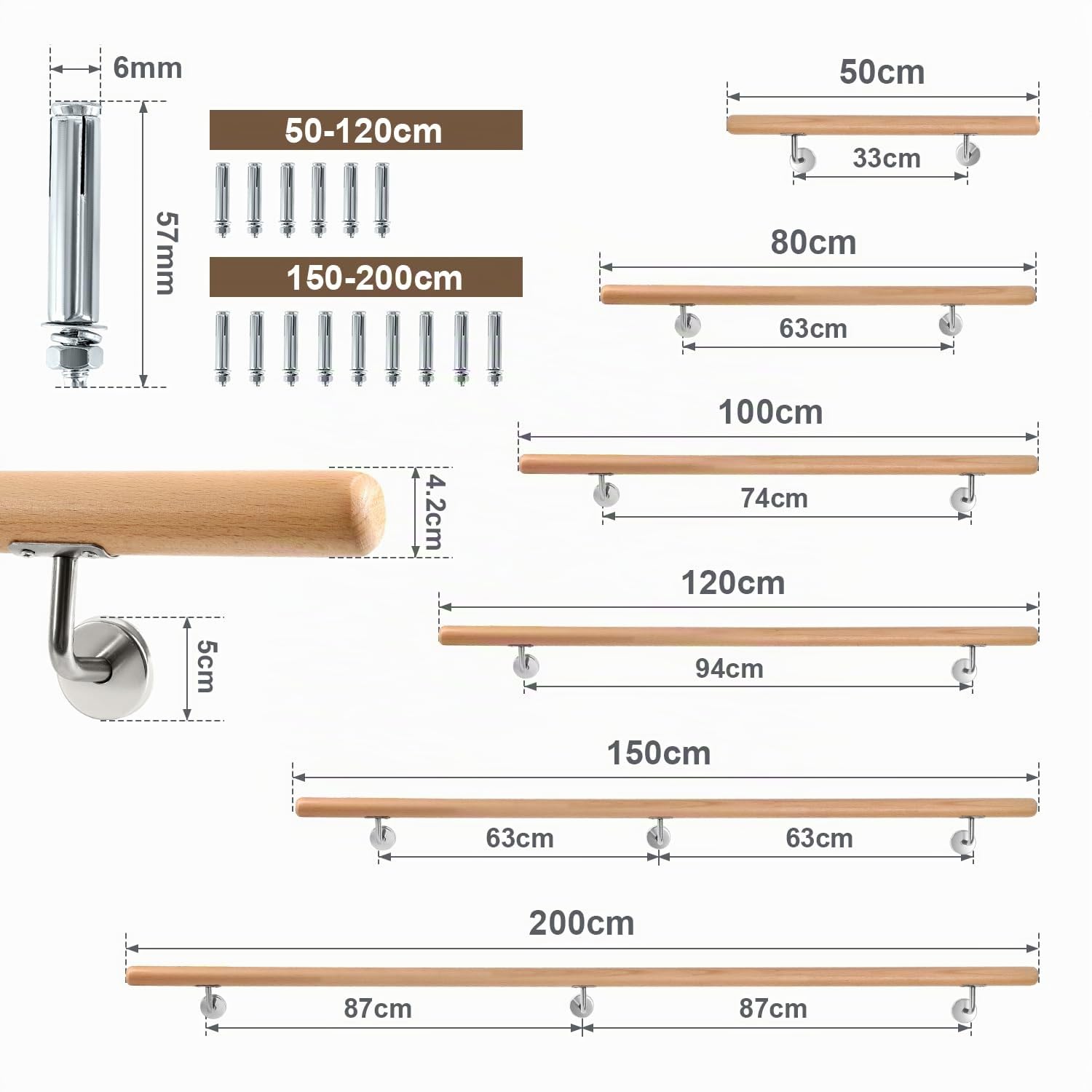 Ikodm Barandilla para escaleras, madera de haya, 100 cm, diámetro de 42 mm, barandilla para escaleras, pasamanos de pared, montaje lateral con soportes de pared, material de montaje