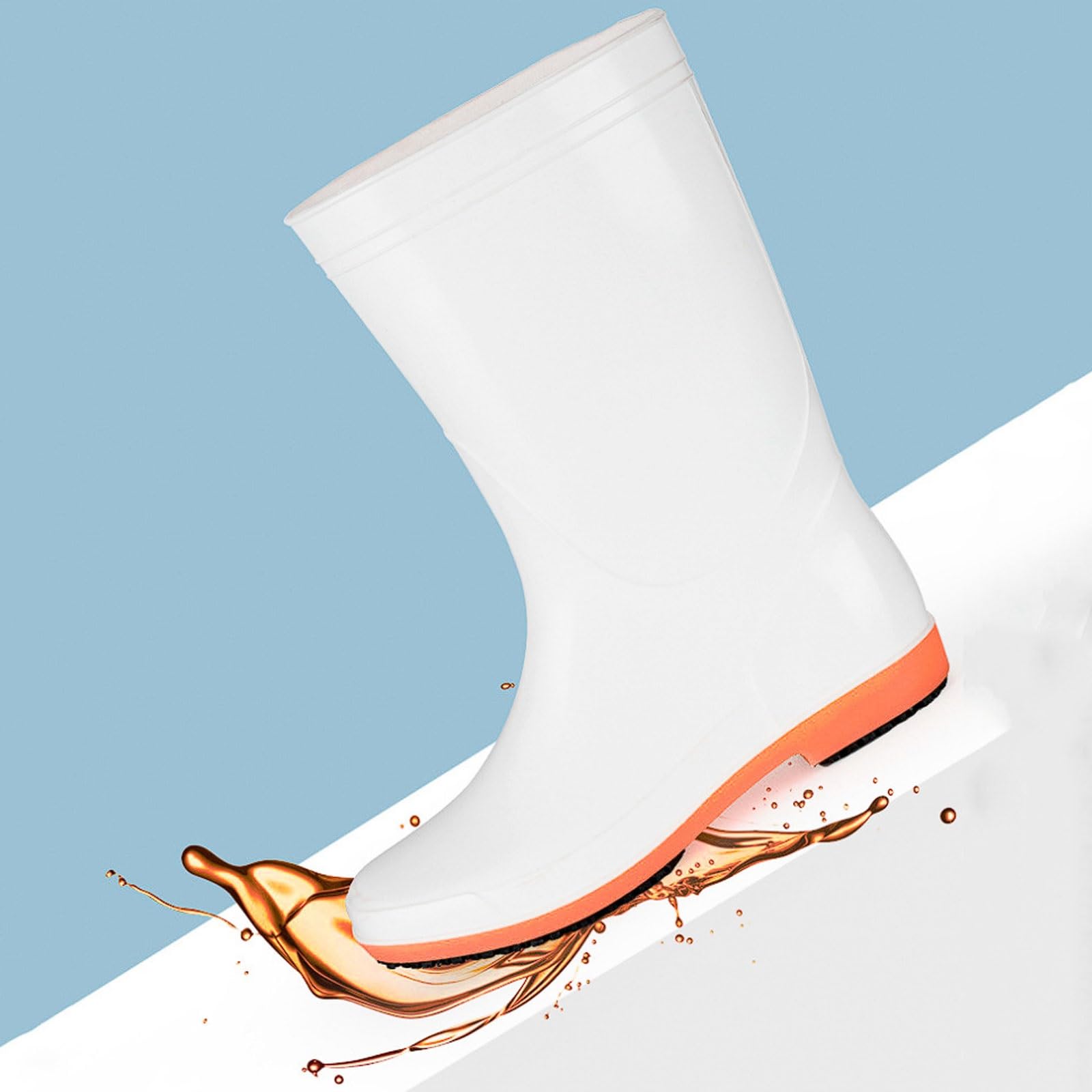 Bottes de Pluie mi-Mollet en PVC for Le Travail Cuisine, Semelles Cuir Vache Super antidérapantes, Chaussures sécurité Respirantes Blanches et Oranges