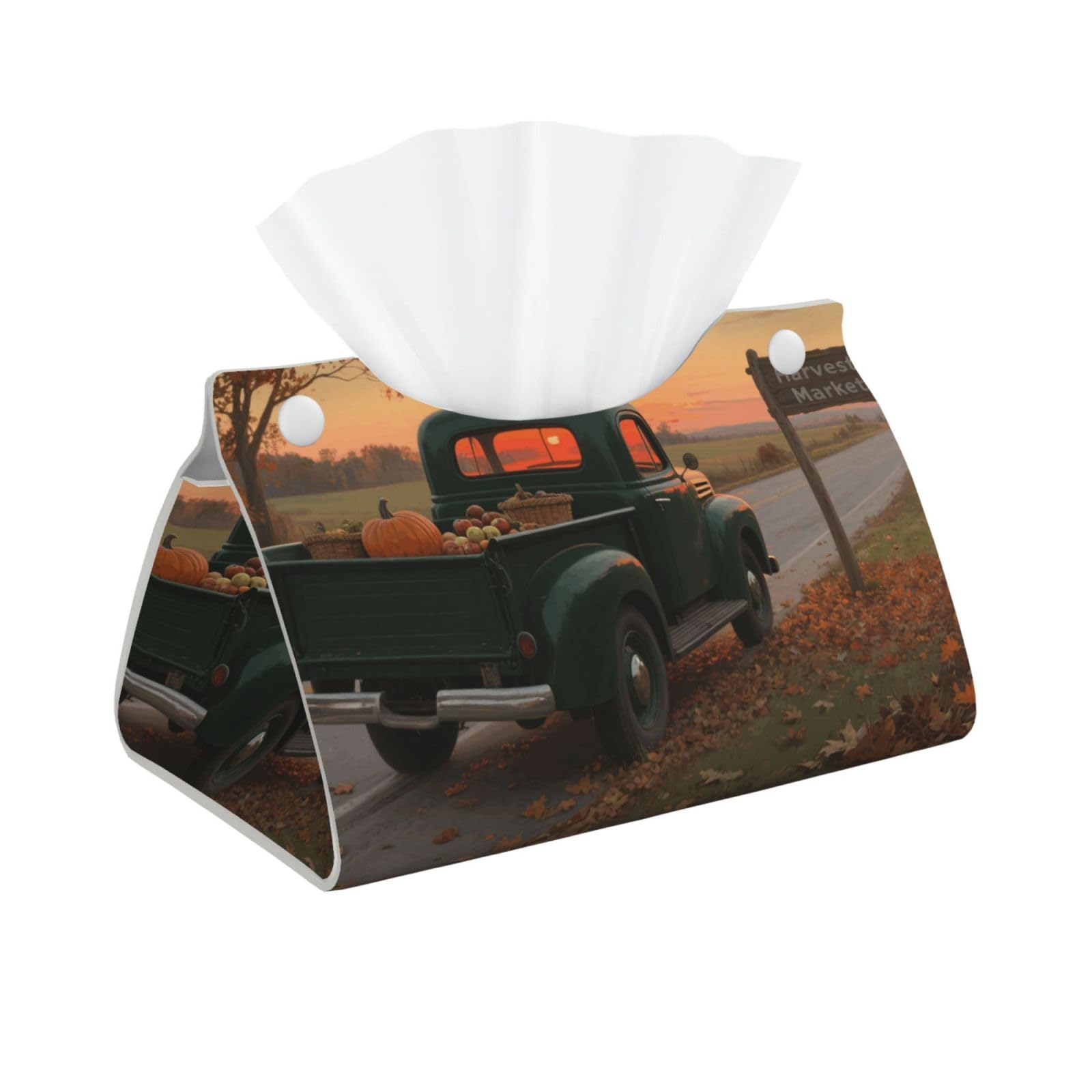 Pu Leather Tissue Box Cover, Autumn Fall Truck Rectangle Tissue Case Covers Decorative Tissue Box Holder Waterproof Tissue Holder Organizer for Bathroom Home Office