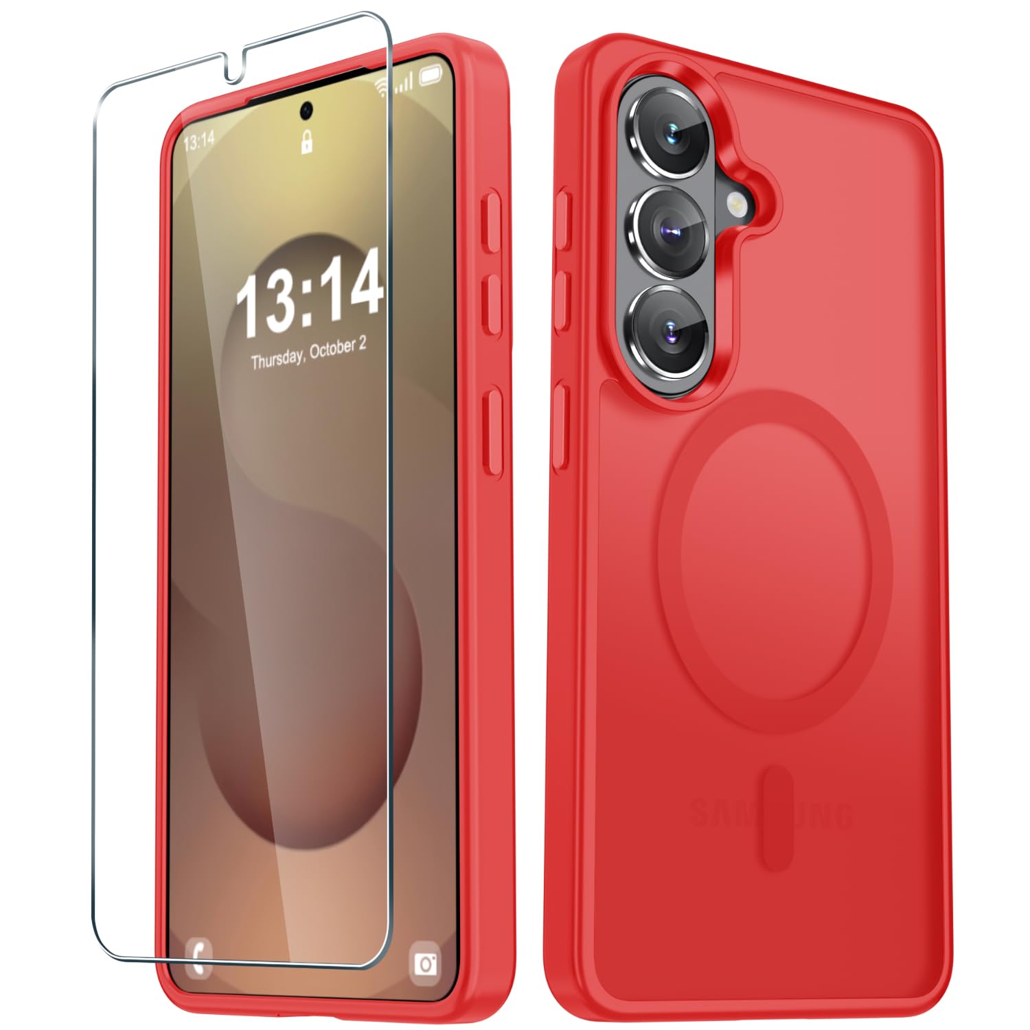YENAPOON for Samsung Galaxy S26+ Plus Case, Matte Magnetic Phone Cover, Red | Fit for MagSafe, Screen Protector included, Shockproof Military Grade Protection, Translucent Frosted Back