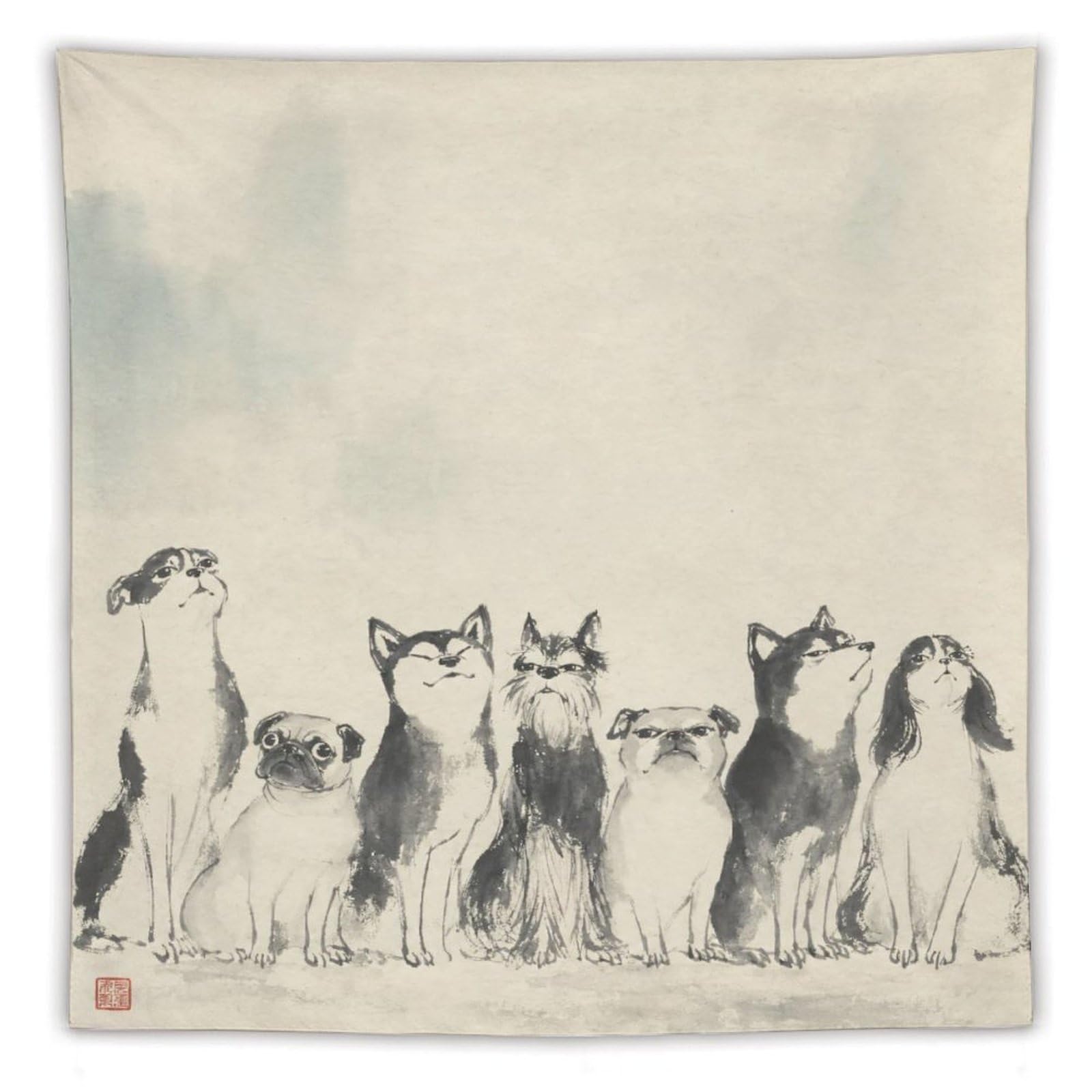 H3B8U2Y5 White Dog Group Wall Tapestry, Asian Ink, Detailed Illustration