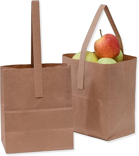 Bolsas de papel kraft medianas de 8 x 6.75 x 4.25 pulgadas con asas de papel  Bolsa de manzana y productos de mitad de Peck (100)