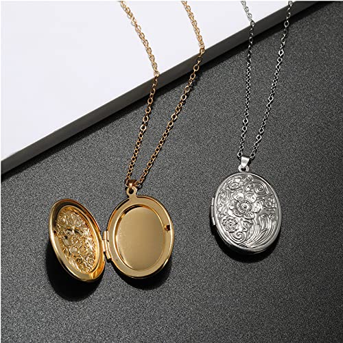 Vintage Engraved Flower Empaistic Photo Locket Hold Picture Oval Round Pendant Necklace Antique Carved Pattern Souvenir Memorial Clavicle Jewelry for Women4