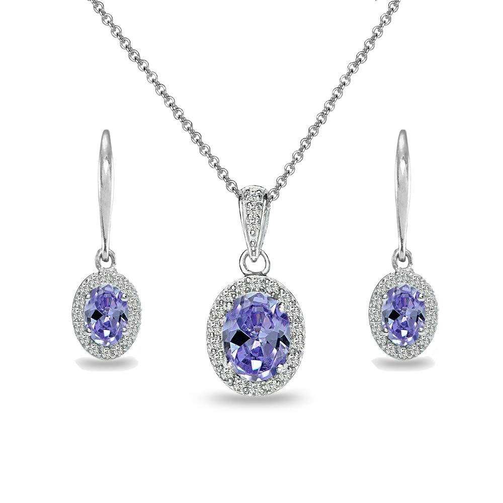 B. BRILLIANTSterling Silver Genuine, Created or Simulated OvalGemstone Halo Dangle Earrings & Necklace Jewelry Set for Women Bridemaids with Gift Box