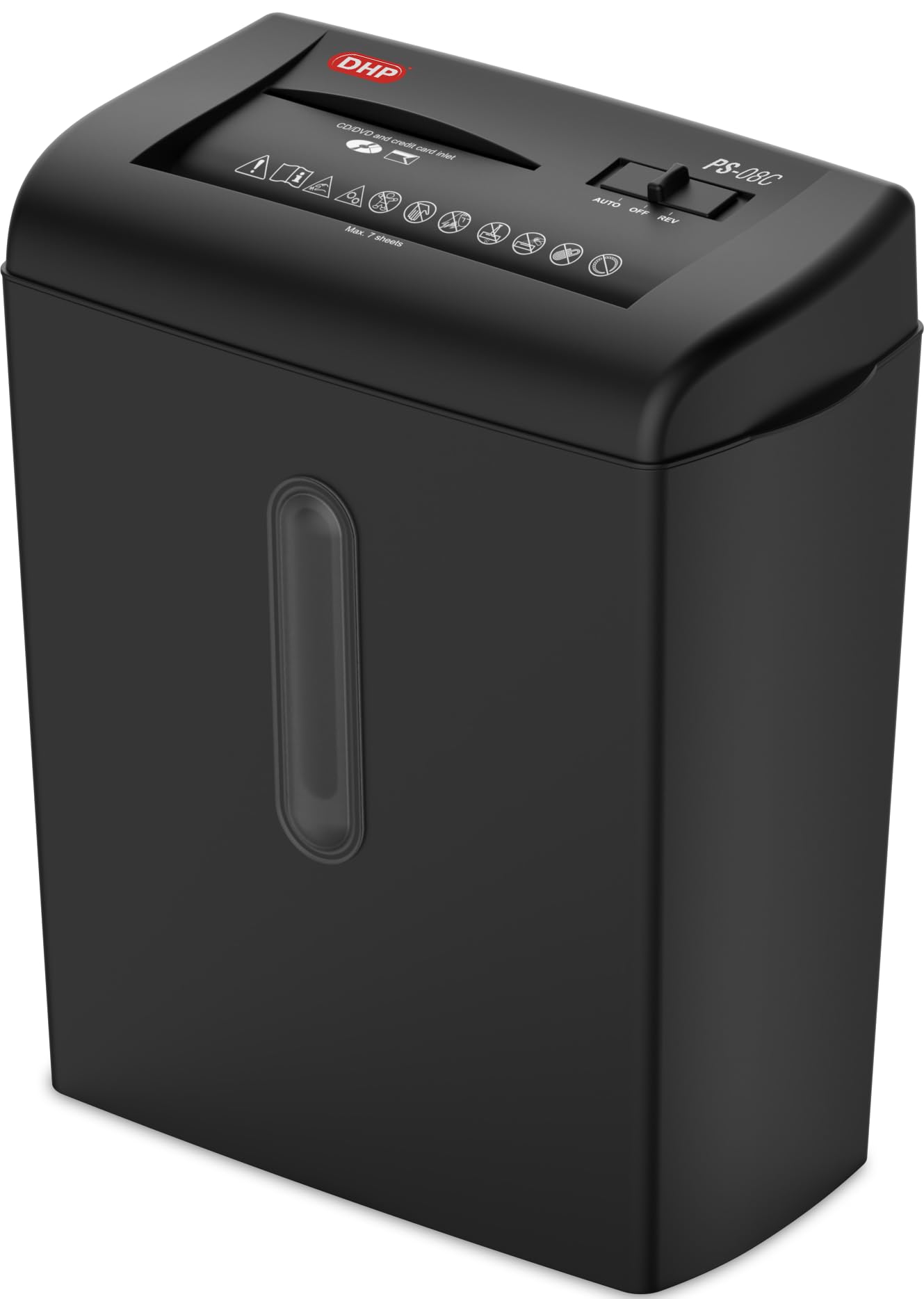 Destructora de Papel - DHP PS - 08C para Casa, destruye hasta 7 Hojas en partículas de 4 x 45 mm, Tarjetas de crédito y CDs/DVDs, Recipiente Separable, Nivel de Seguridad P3, Papelera de 15L.