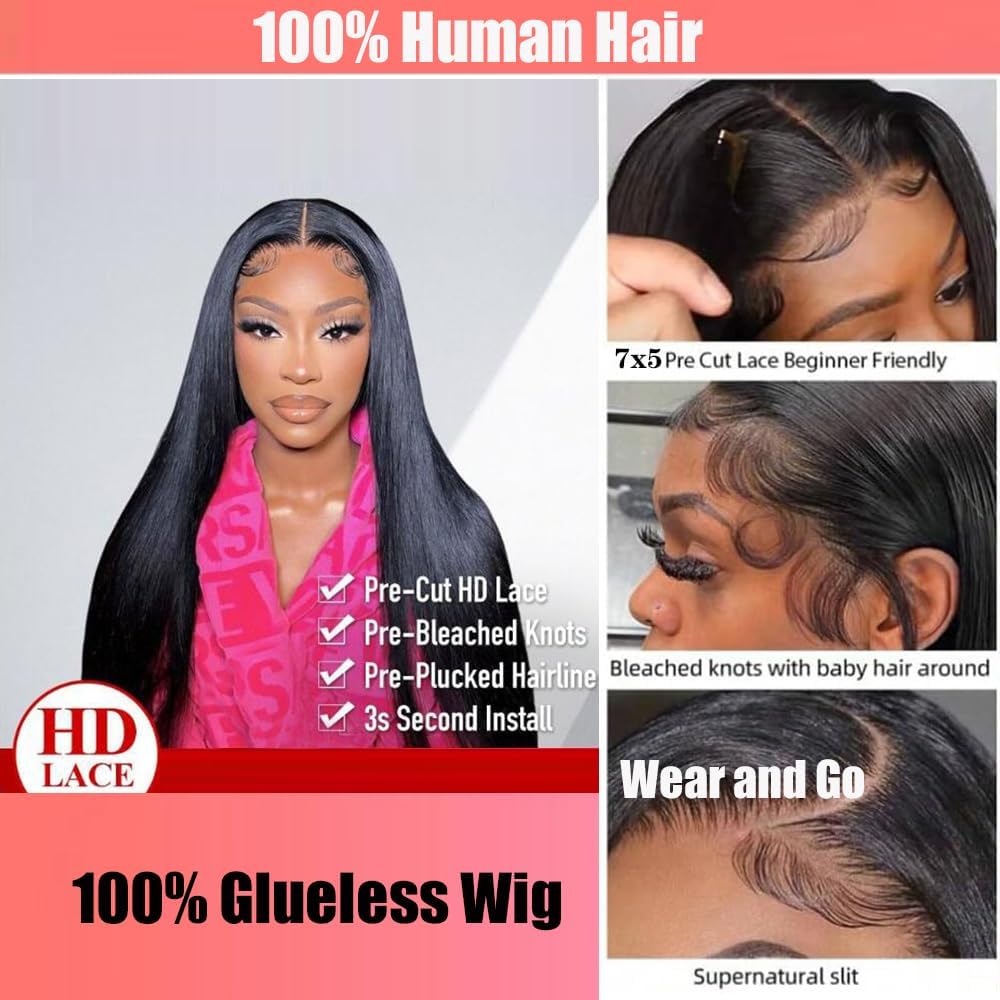 PERISMODA Bye Bye Knots Glueless Wig Straight Wave 7x5 Wear and Go Glueless Wig Human Hair HD Lace Front Wigs Human Hair Invisible Bleached Knots Pre Cut 180% Density 22 Inch - Image 2