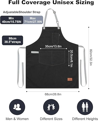 Miniatura 4 de Delantales de chef para hombres, delantales para mujer con 3 bolsillos grandes, correa ajustable para el cuello y lazos extralargos (atado