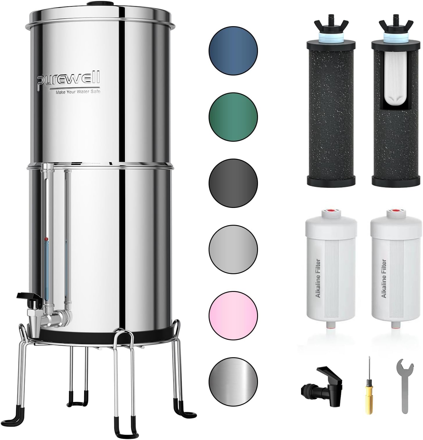 7-Stage 0.01μm Ultra-Filtration Gravity Water Filter System with 4 Filters, Metal Water Level Spigot and Stand, 304 Stainless Steel, Reduce Fluoride & Chlorine, Up to pH 9, 2.25G, PW-OB-FT