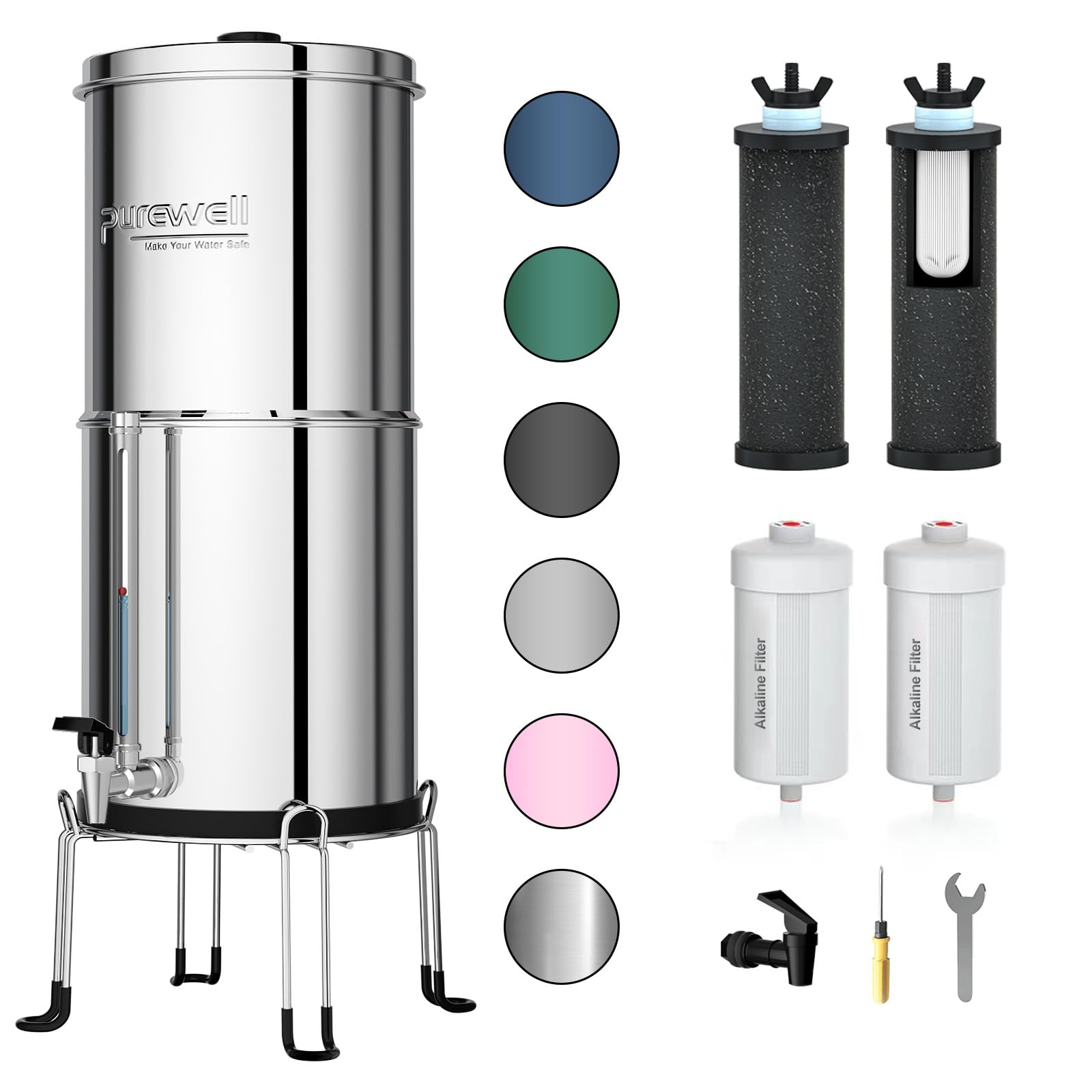 Purewell 7-Stage 0.01μm Ultra-Filtration Alkaline Water Filter System with 4 Filters, Metal Water Level Spigot and Stand, 304 Stainless Steel, Reduce Fluoride & Chlorine, pH 8-9, 2.25G, PW-OB-FTPurewell 7-Stage 0.01μm Ultra-Filtration Alkaline W…